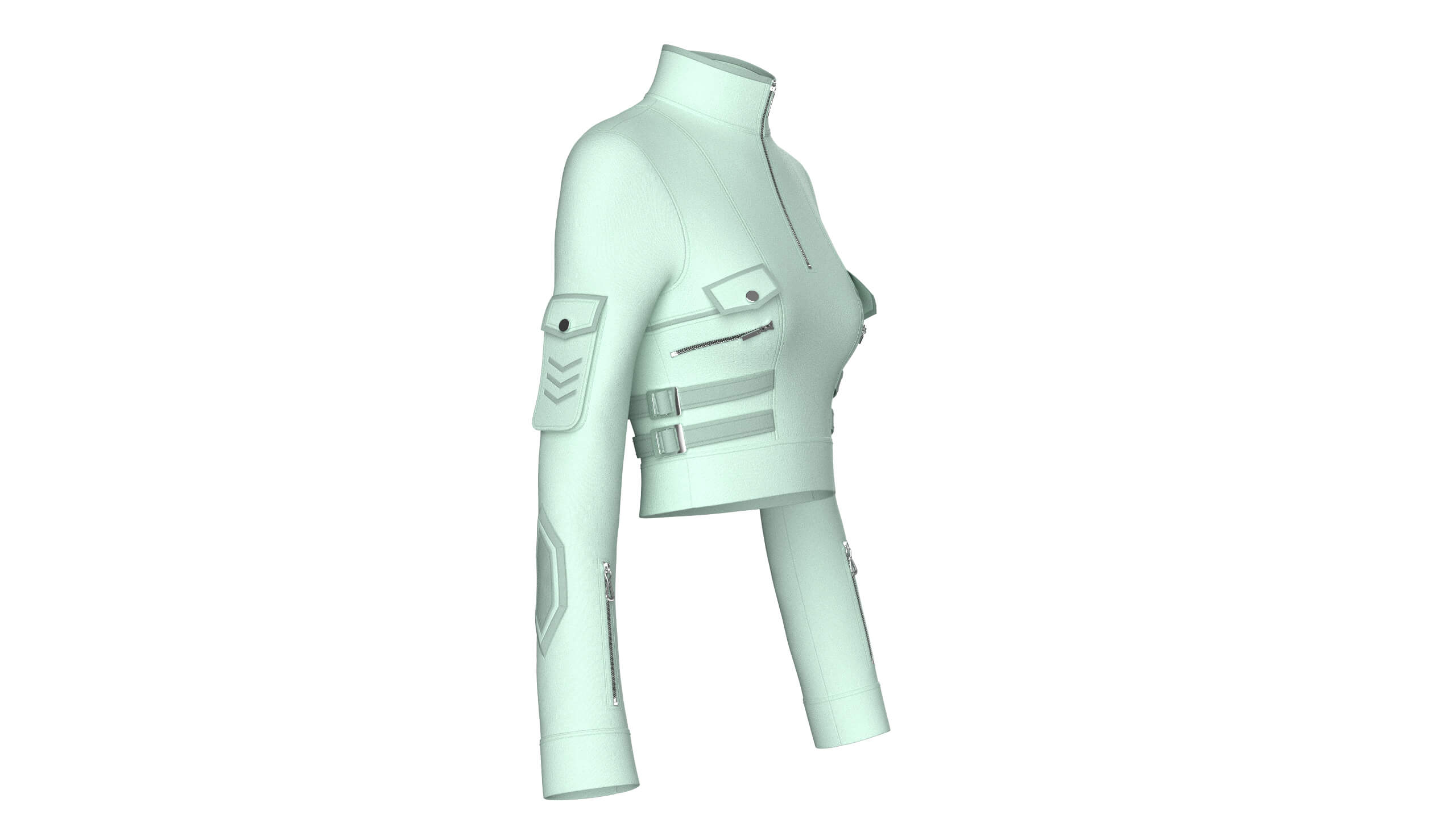 Girls Half-Zip Tactical Buckled Crop Jacket 3D Model