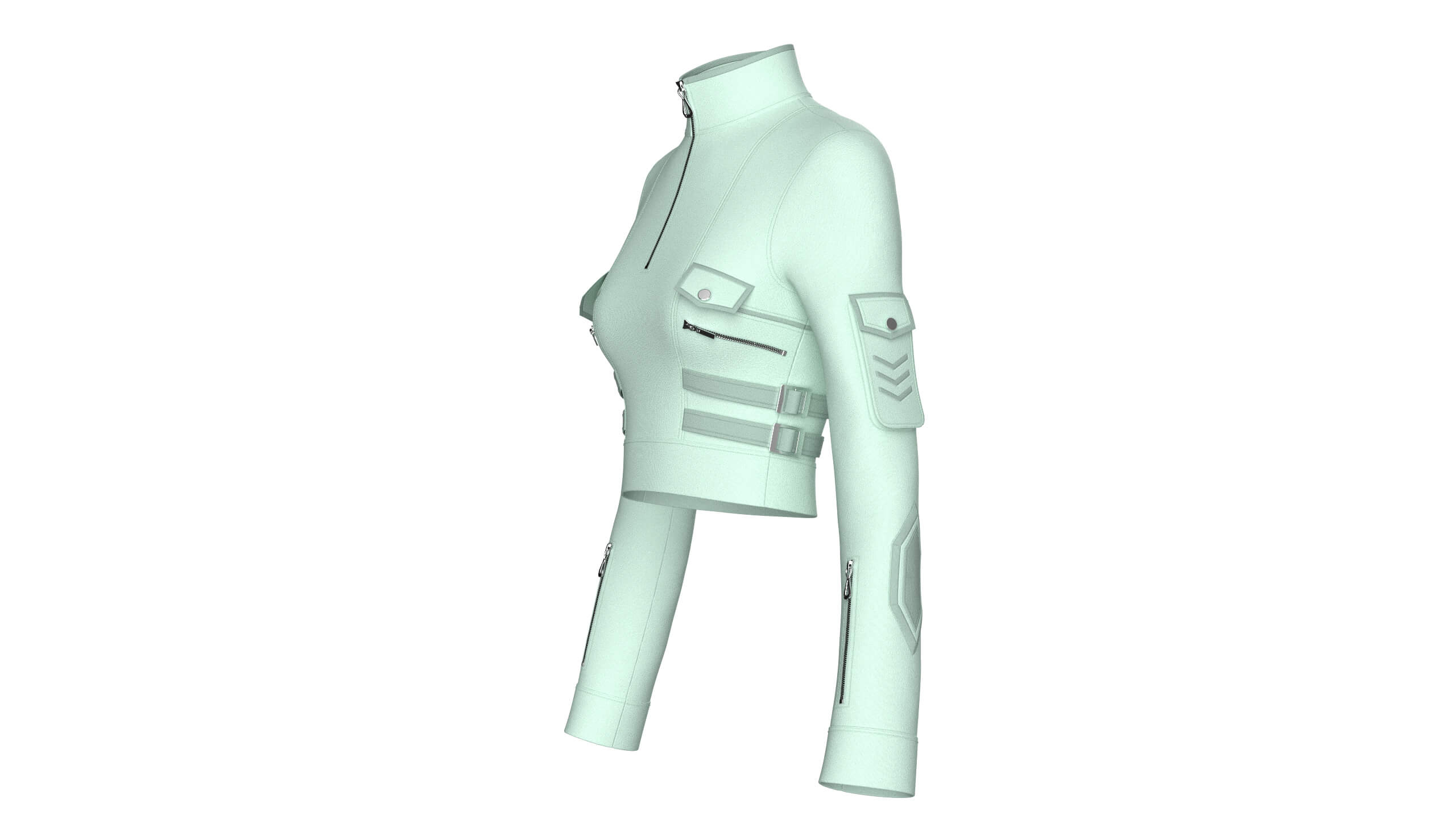 Girls Half-Zip Tactical Buckled Crop Jacket 3D Model