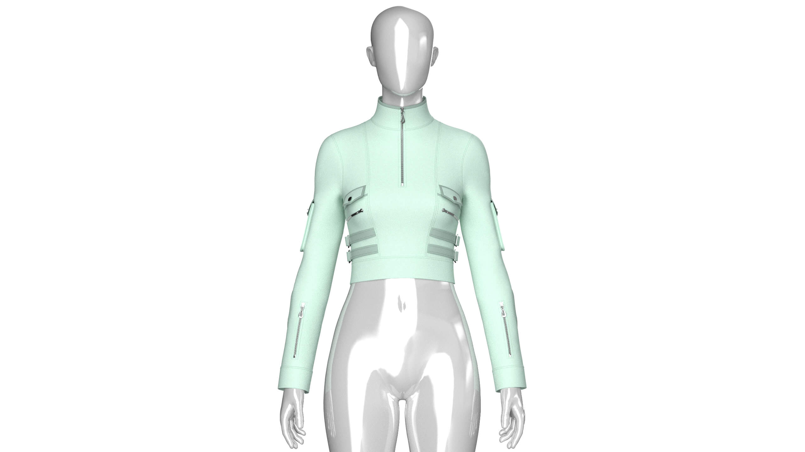 Girls Half-Zip Tactical Buckled Crop Jacket 3D Model