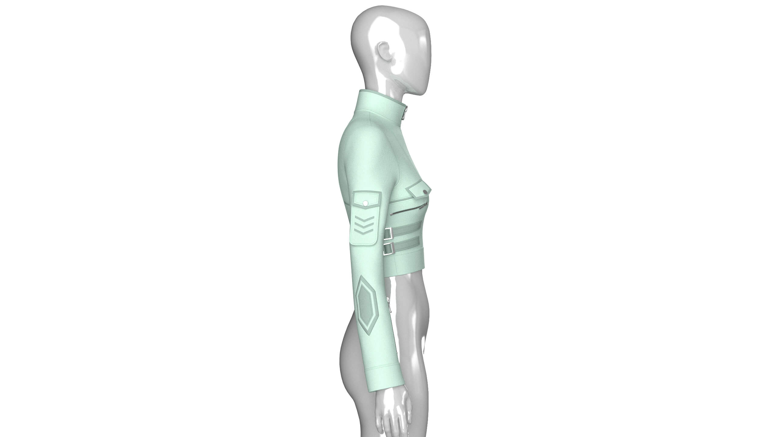 Girls Half-Zip Tactical Buckled Crop Jacket 3D Model