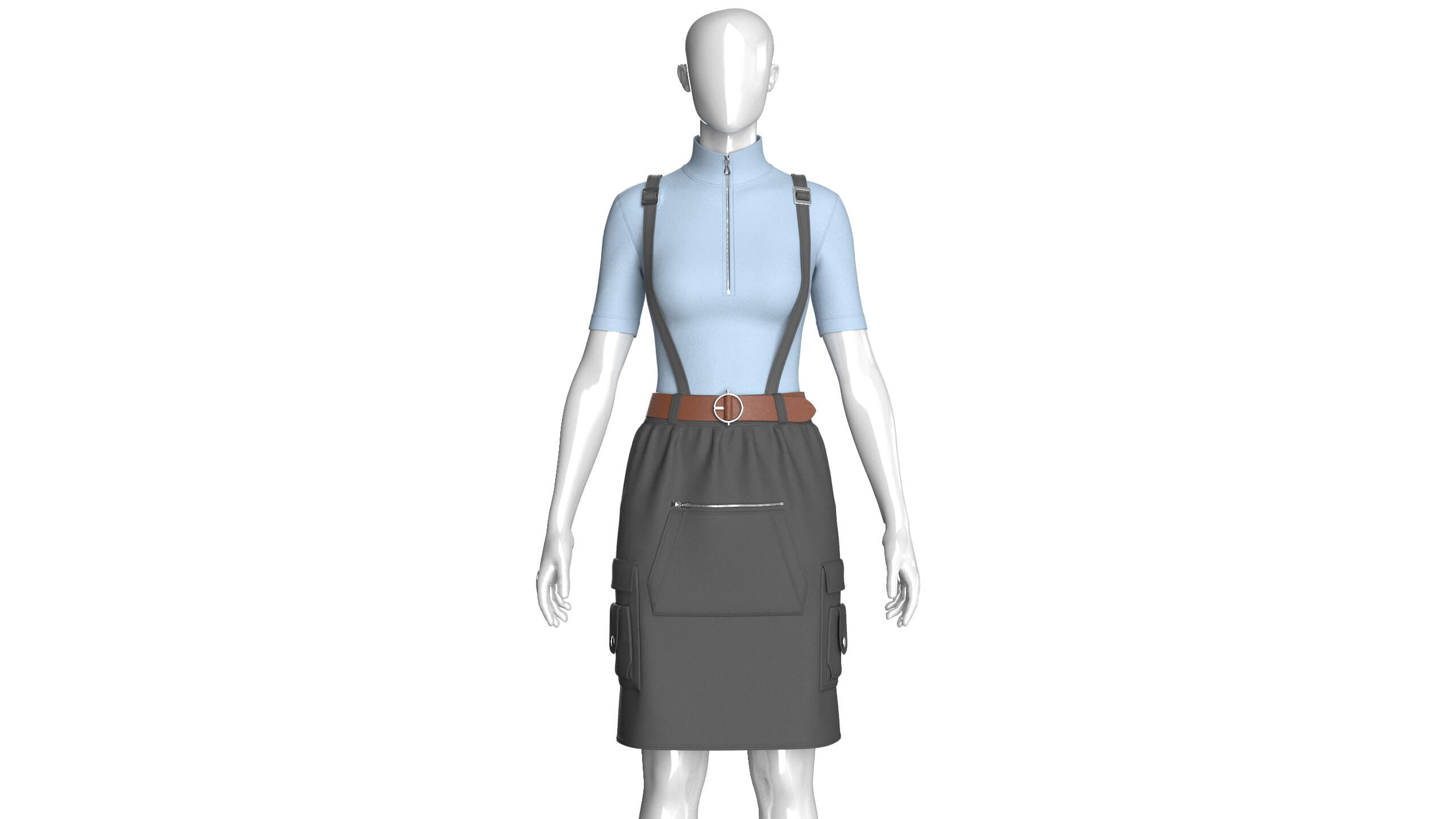 Girls Half-Zip Top with Suspenders Skirt 3D Model