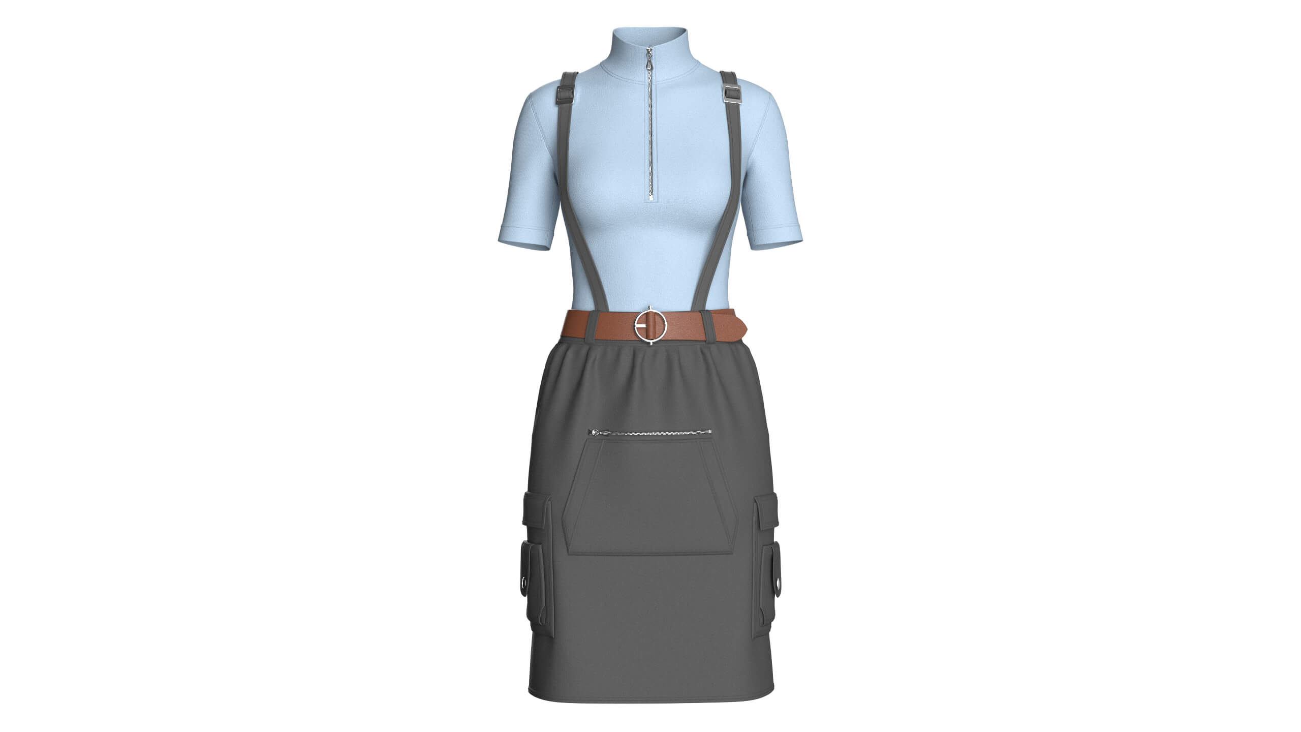 Girls Half-Zip Top with Suspenders Skirt 3D Model