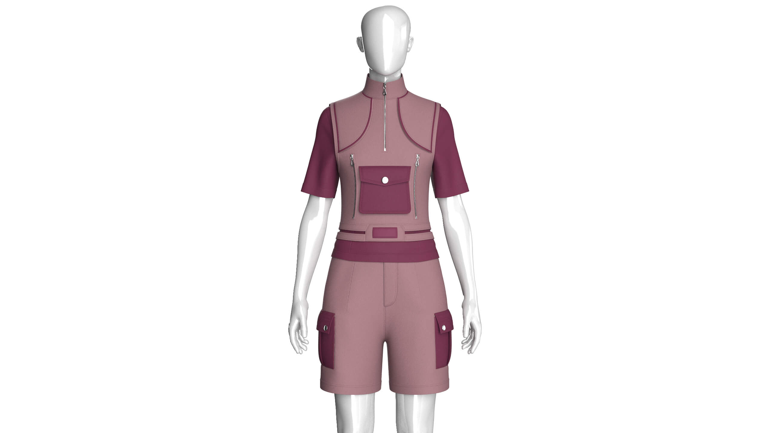 Girls Half-Zip Vest T-Shirt with Cargo Shorts 3D Model