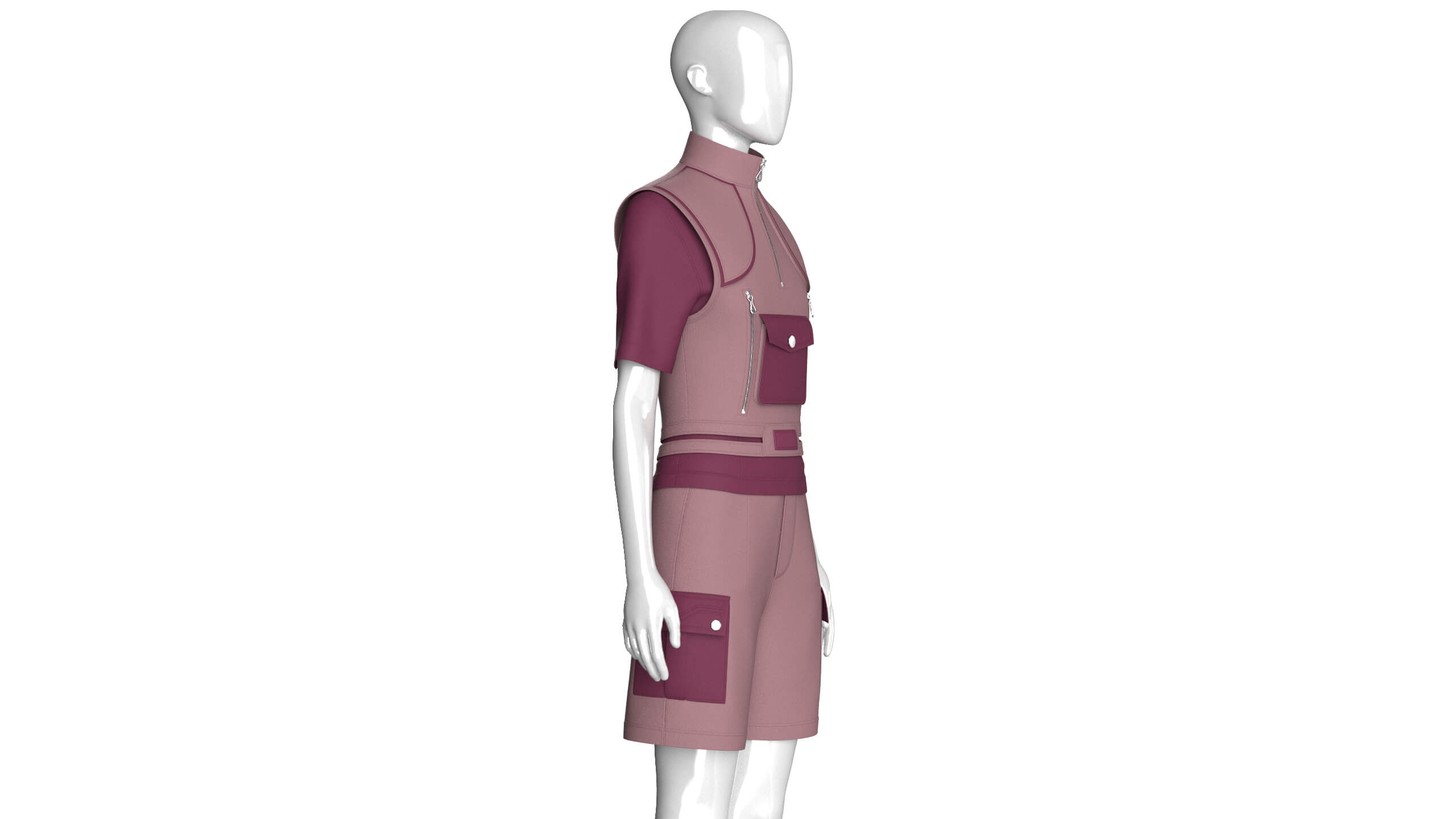 Girls Half-Zip Vest T-Shirt with Cargo Shorts 3D Model