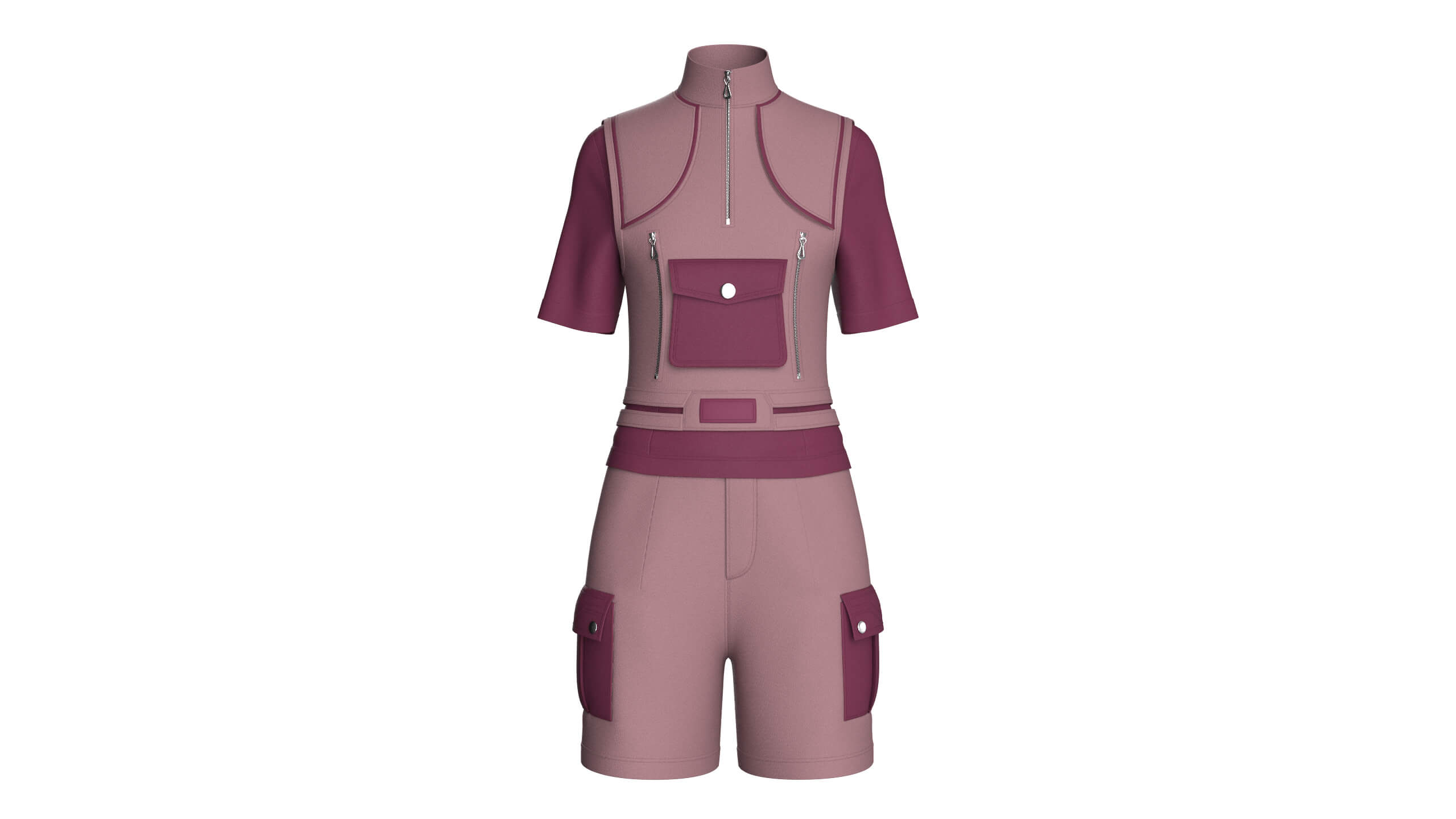 Girls Half-Zip Vest T-Shirt with Cargo Shorts 3D Model