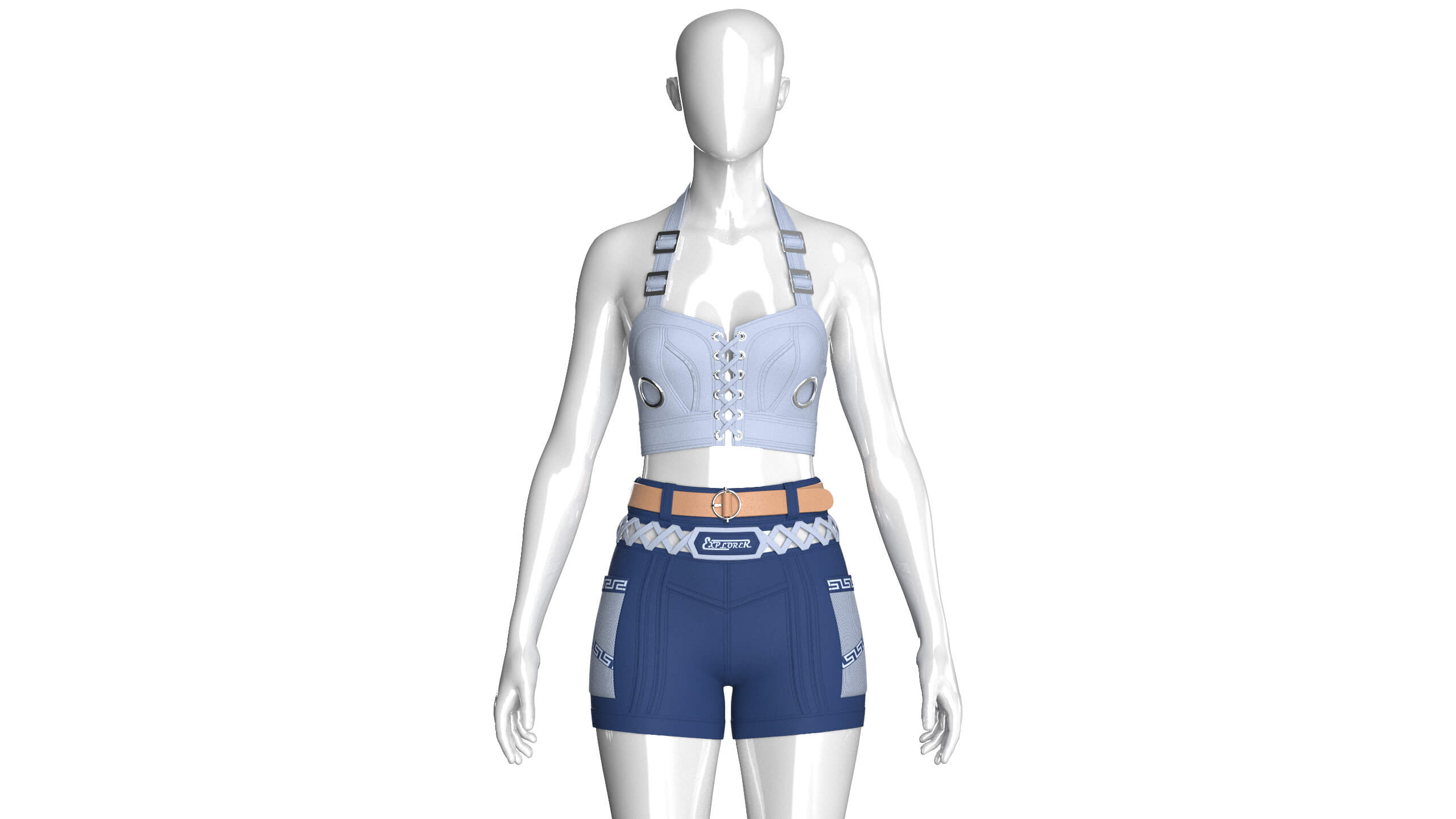 Girls Halter Crop Top with Cargo Shorts Outfit 3D Model