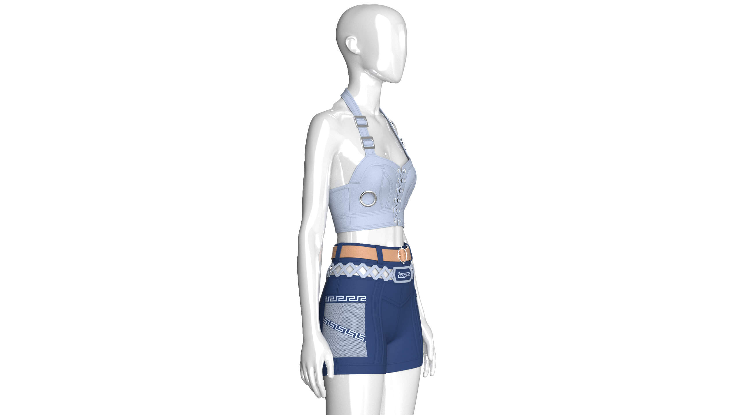 Girls Halter Crop Top with Cargo Shorts Outfit 3D Model