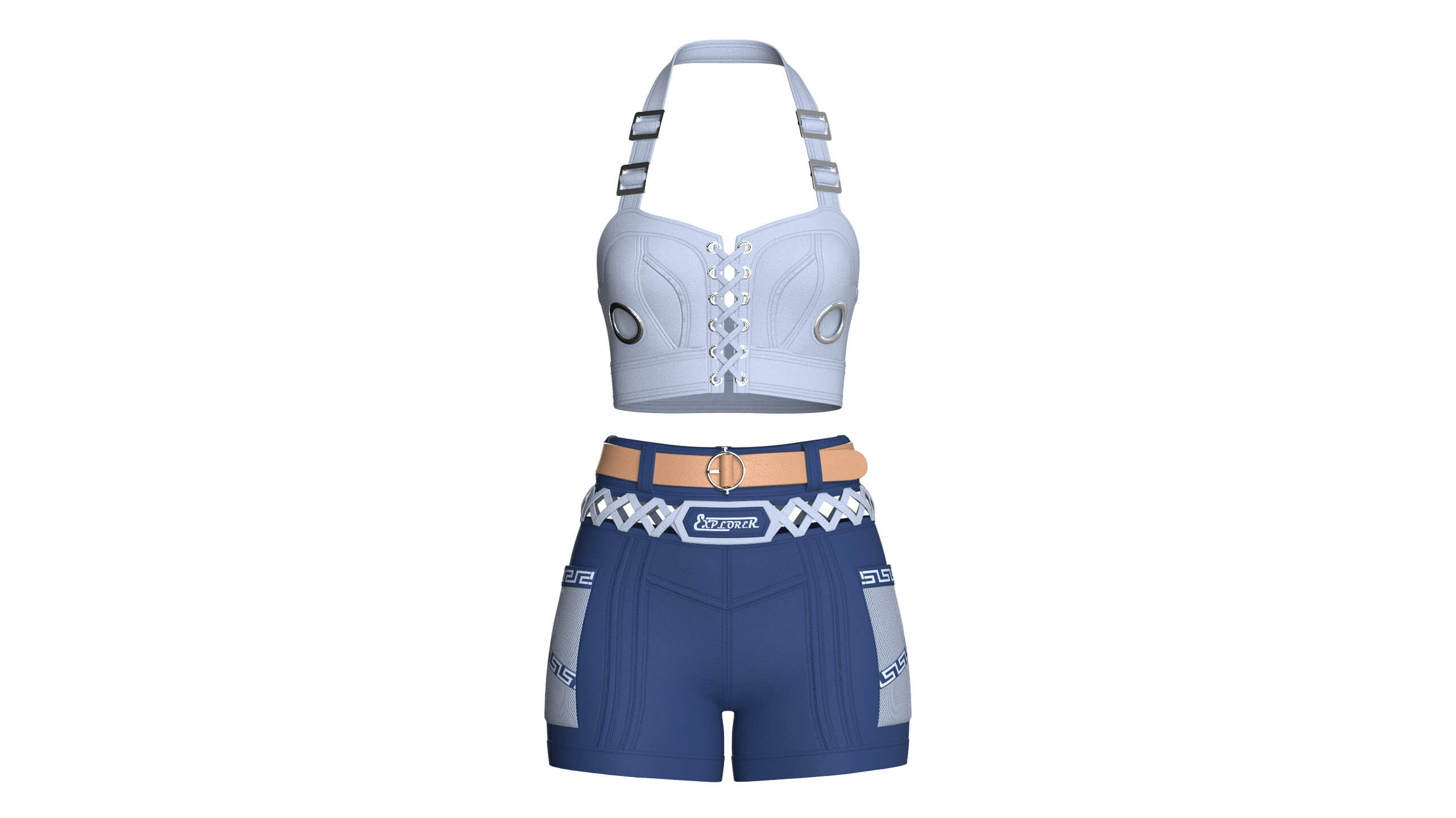 Girls Halter Crop Top with Cargo Shorts Outfit 3D Model