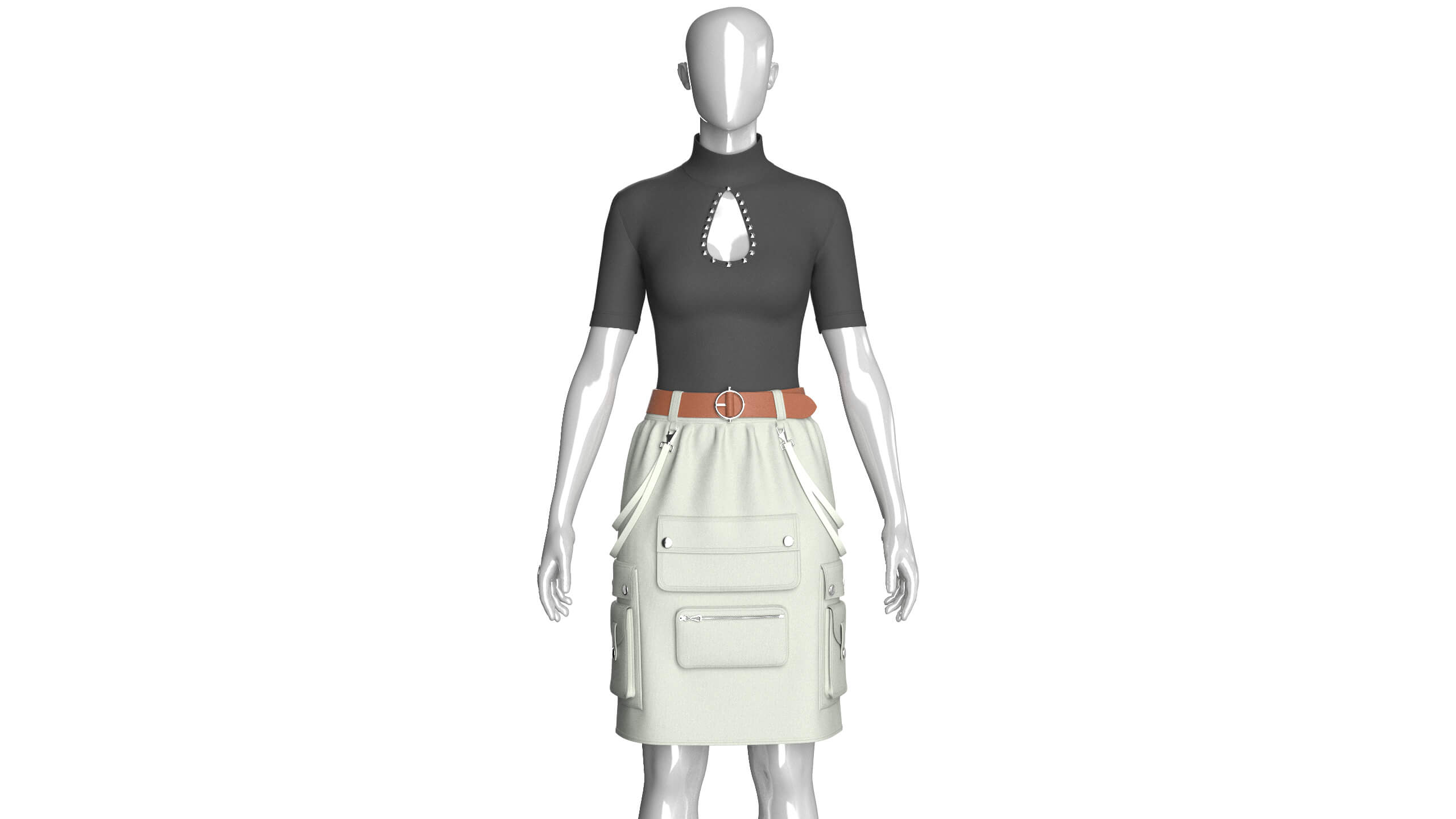 Girls High-Neck Cutout Top with Cargo Skirt 3D Model