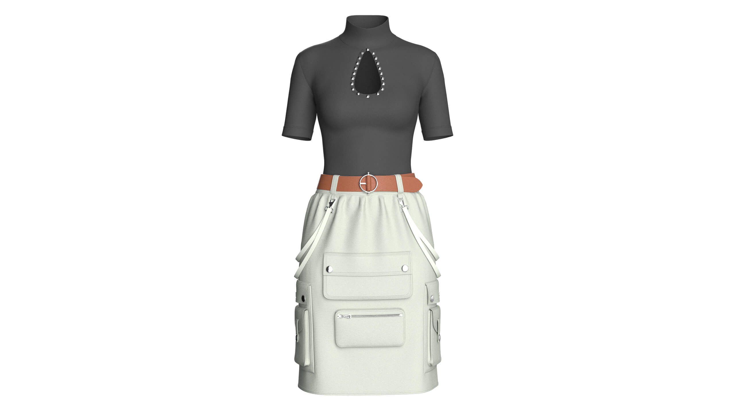 Girls High-Neck Cutout Top with Cargo Skirt 3D Model
