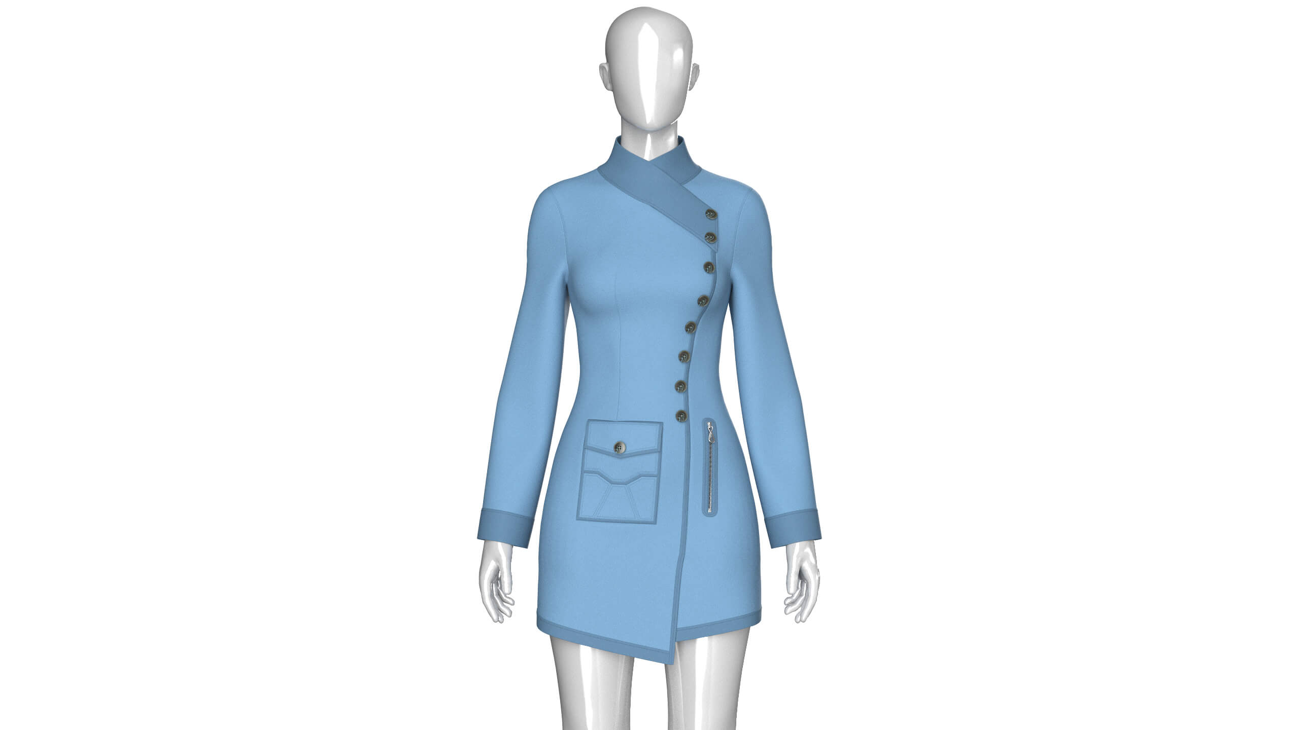 Girls High Neck Diagonal Button Coat Dress 3D Model