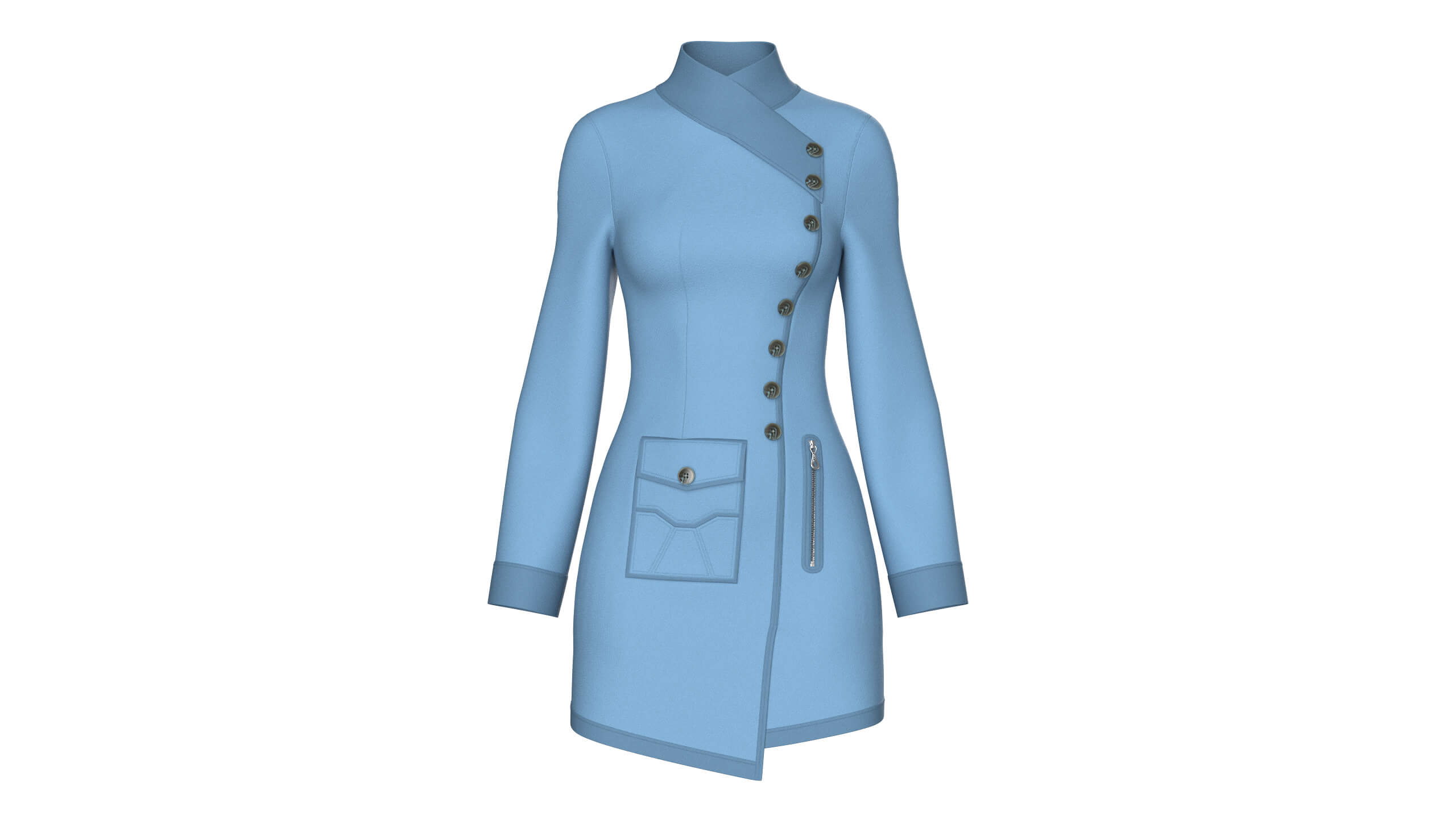 Girls High Neck Diagonal Button Coat Dress 3D Model