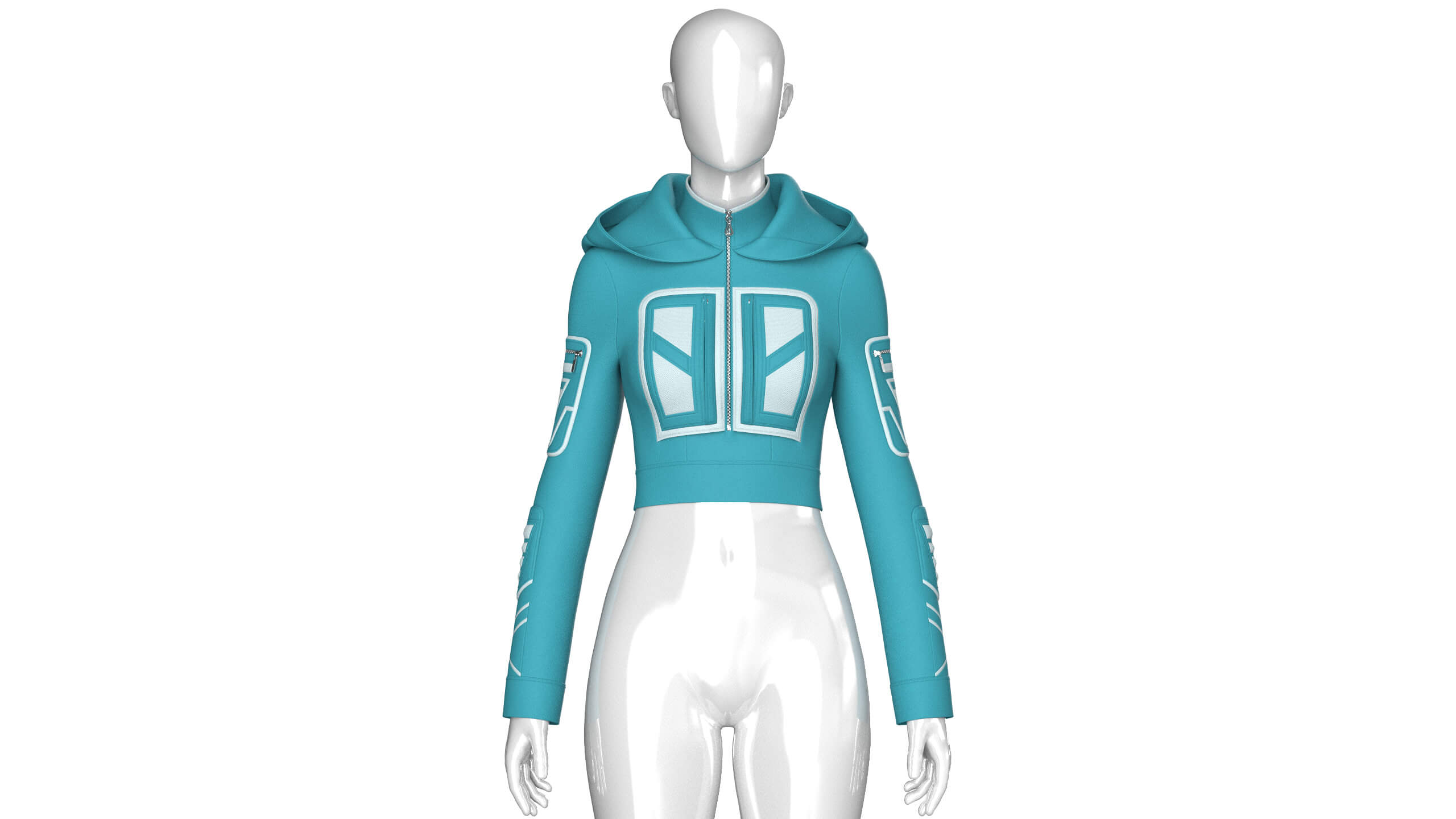 Girls High Neck Hooded Crop Tactical Jacket 3D Model