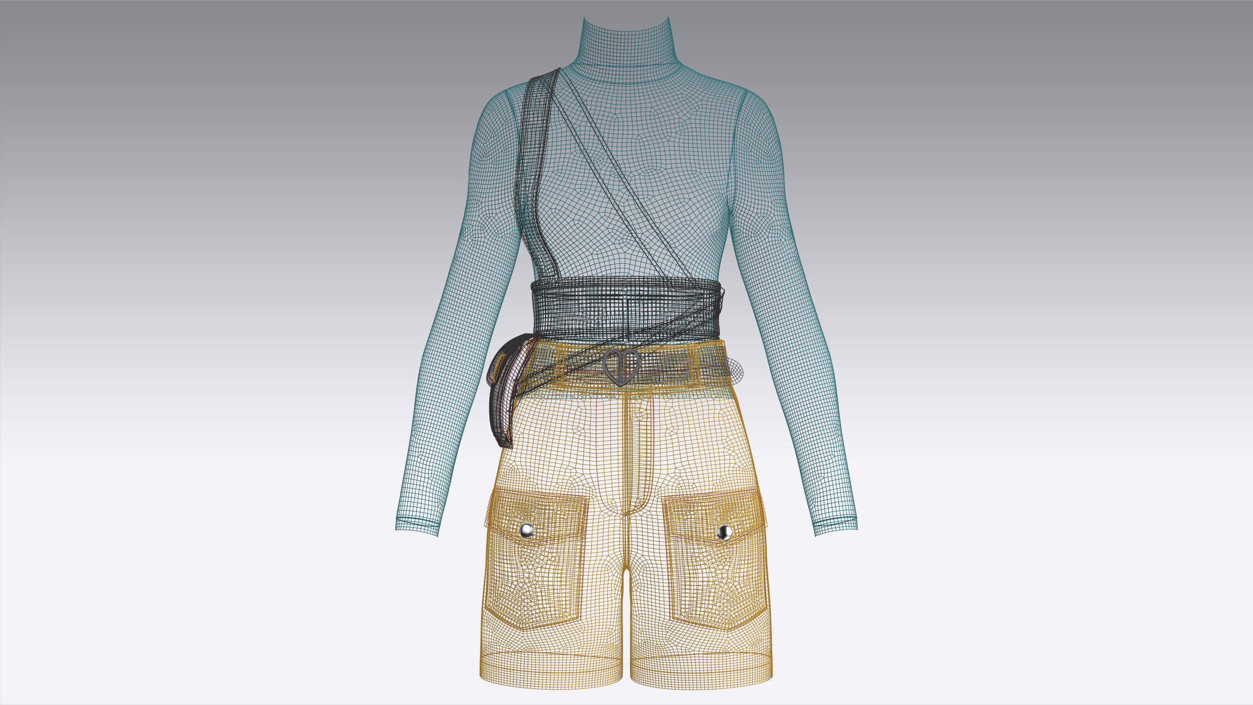 Girls High Neck Top with Cargo Shorts - Outfit 3D Model