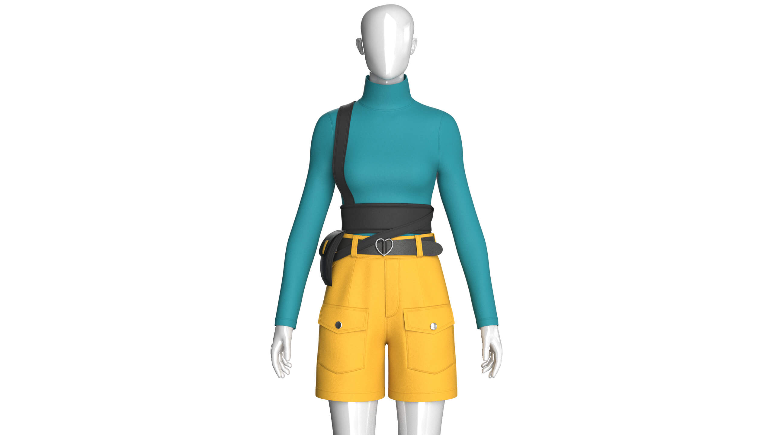 Girls High Neck Top with Cargo Shorts - Outfit 3D Model