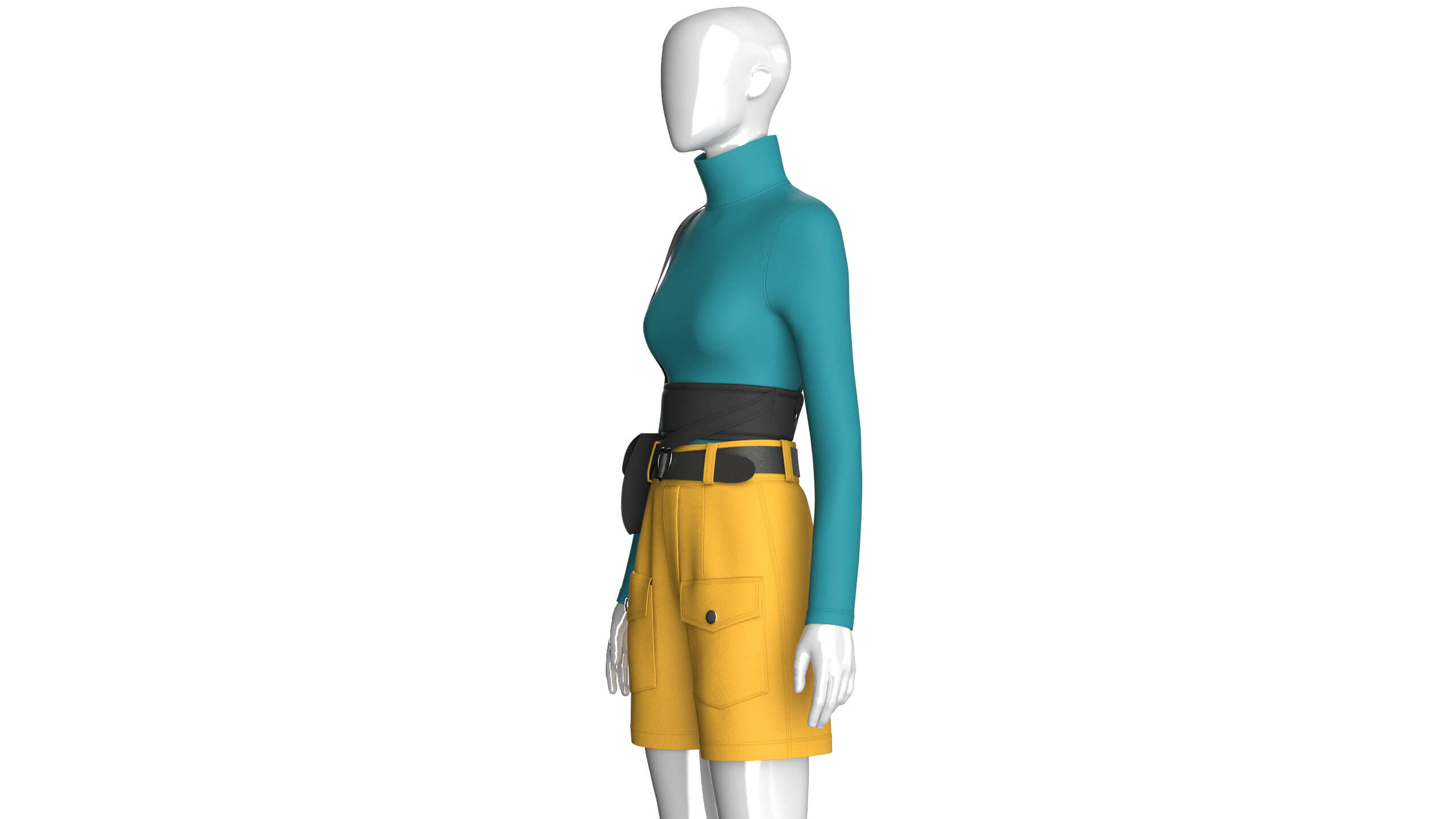 Girls High Neck Top with Cargo Shorts - Outfit 3D Model