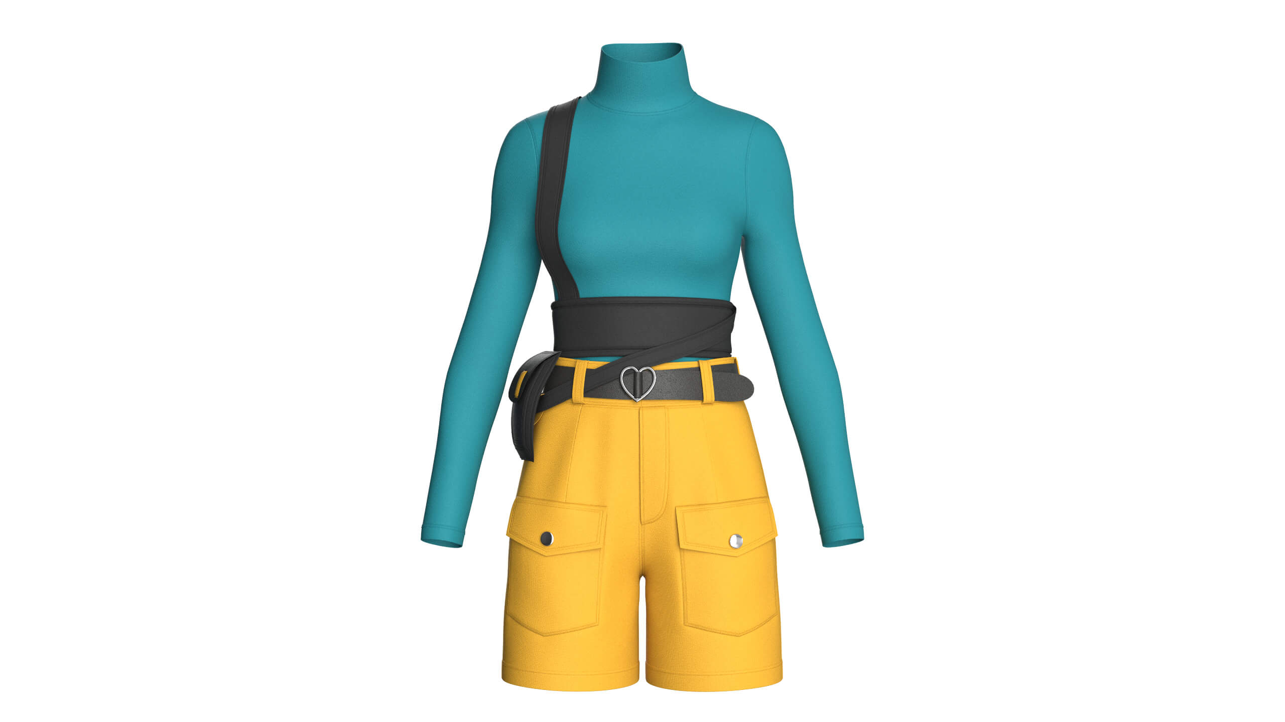 Girls High Neck Top with Cargo Shorts - Outfit 3D Model