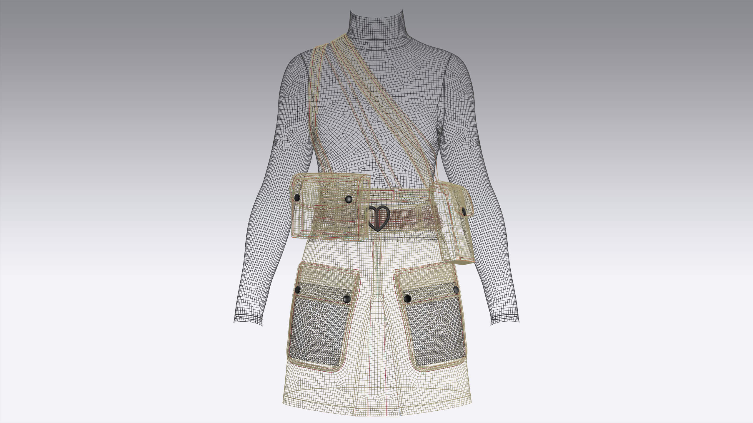 Girls High Neck Top with Cargo Skirt - Outfit 3D Model