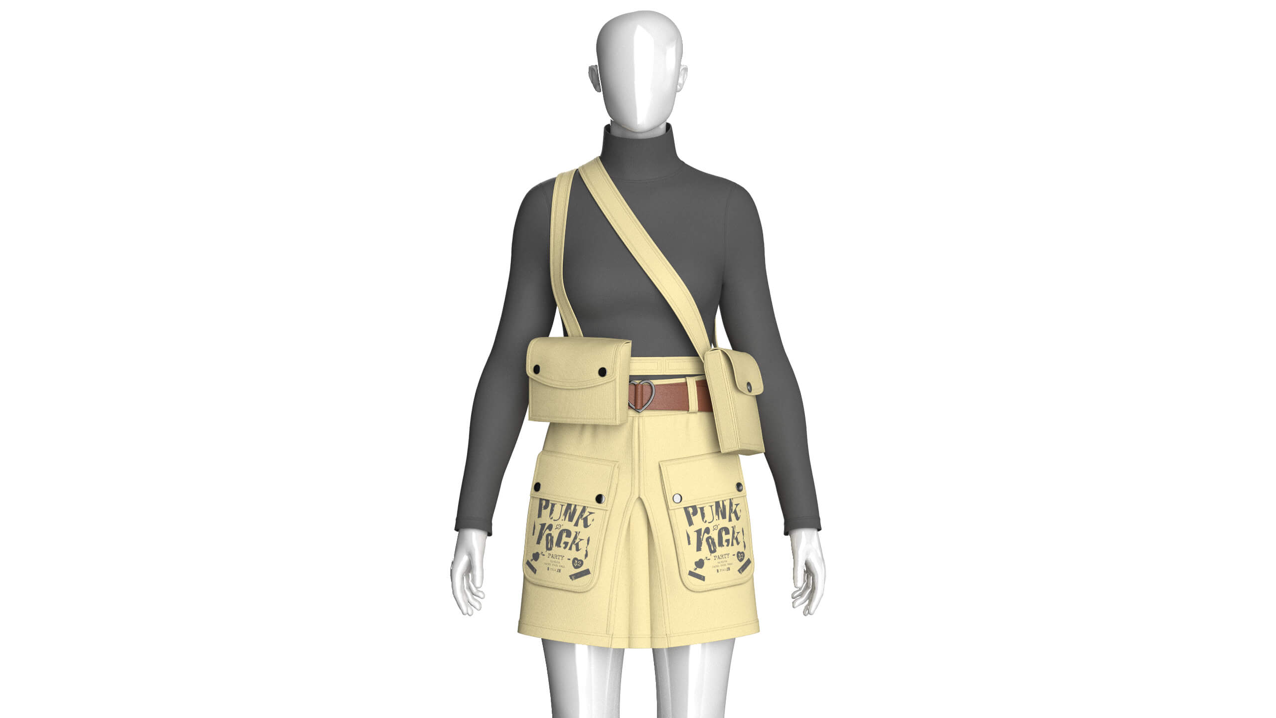 Girls High Neck Top with Cargo Skirt - Outfit 3D Model