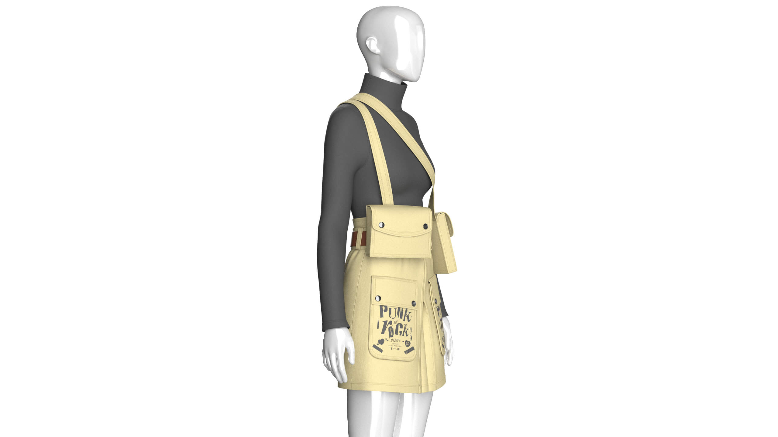 Girls High Neck Top with Cargo Skirt - Outfit 3D Model