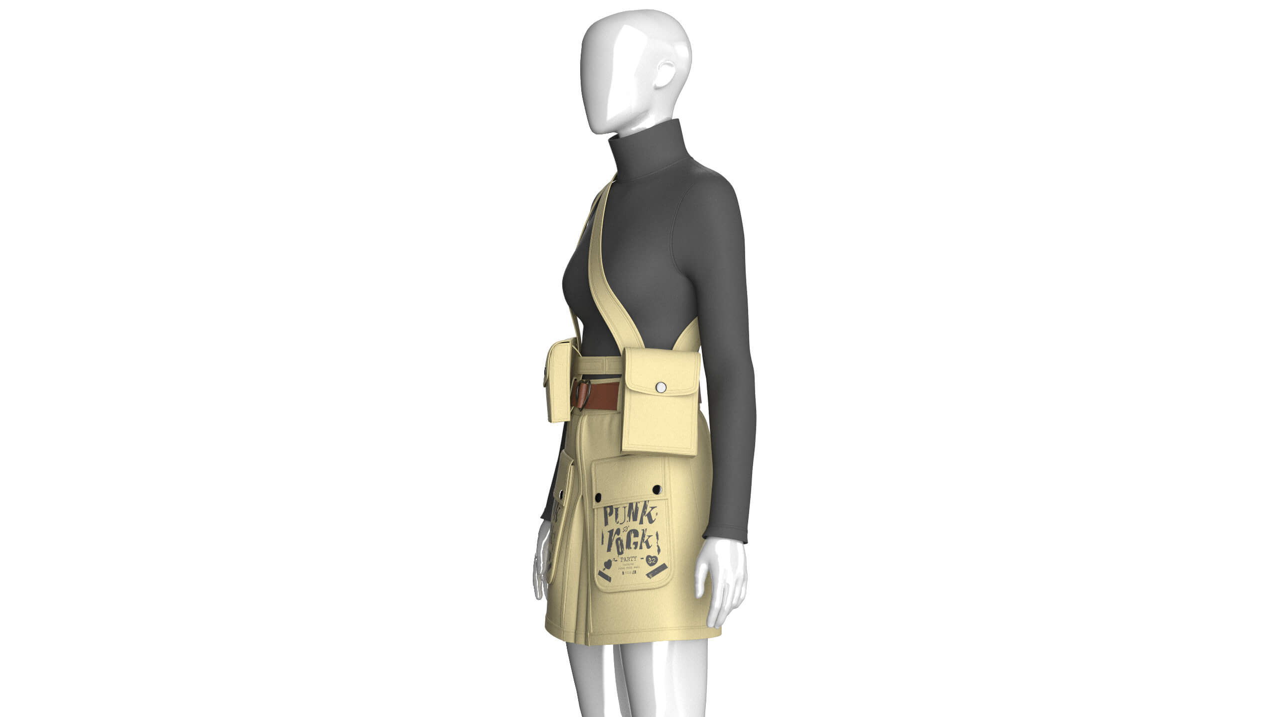 Girls High Neck Top with Cargo Skirt - Outfit 3D Model