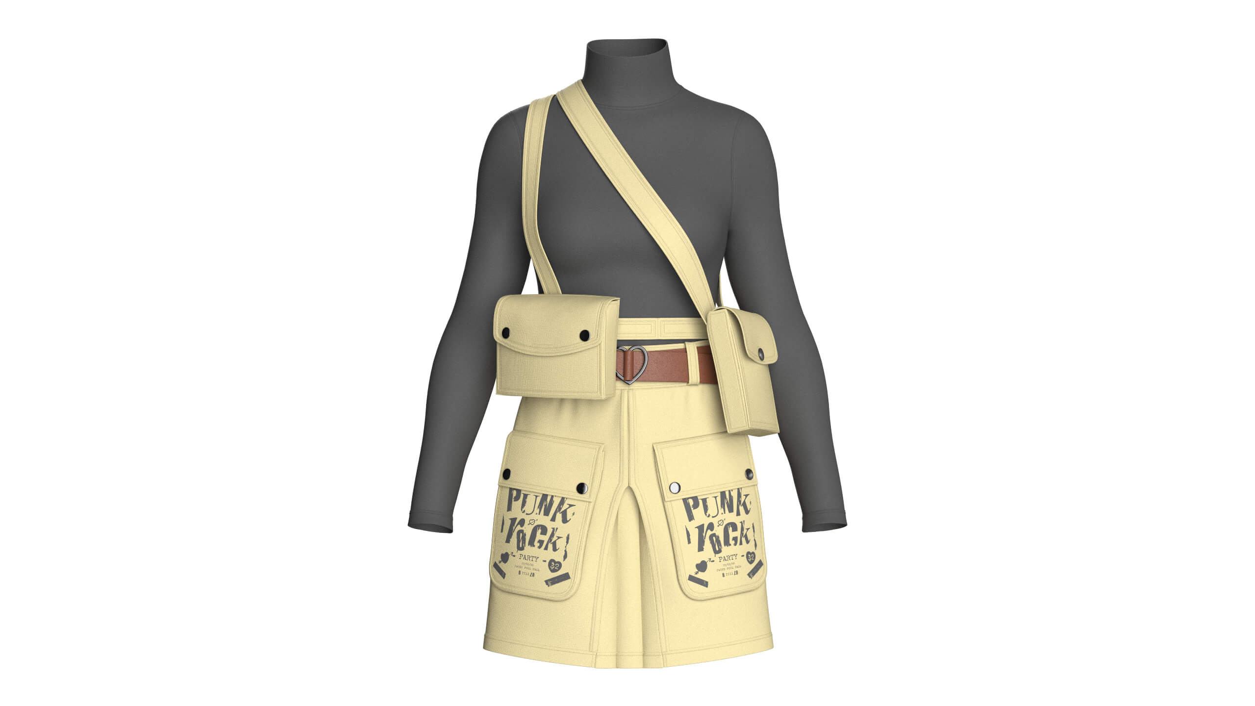 Girls High Neck Top with Cargo Skirt - Outfit 3D Model