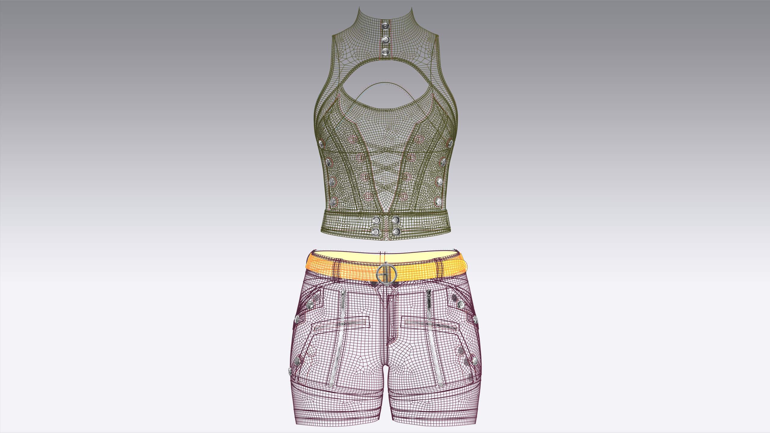Girls Keyhole Lace-Up Crop Top with Utility Shorts 3D Model