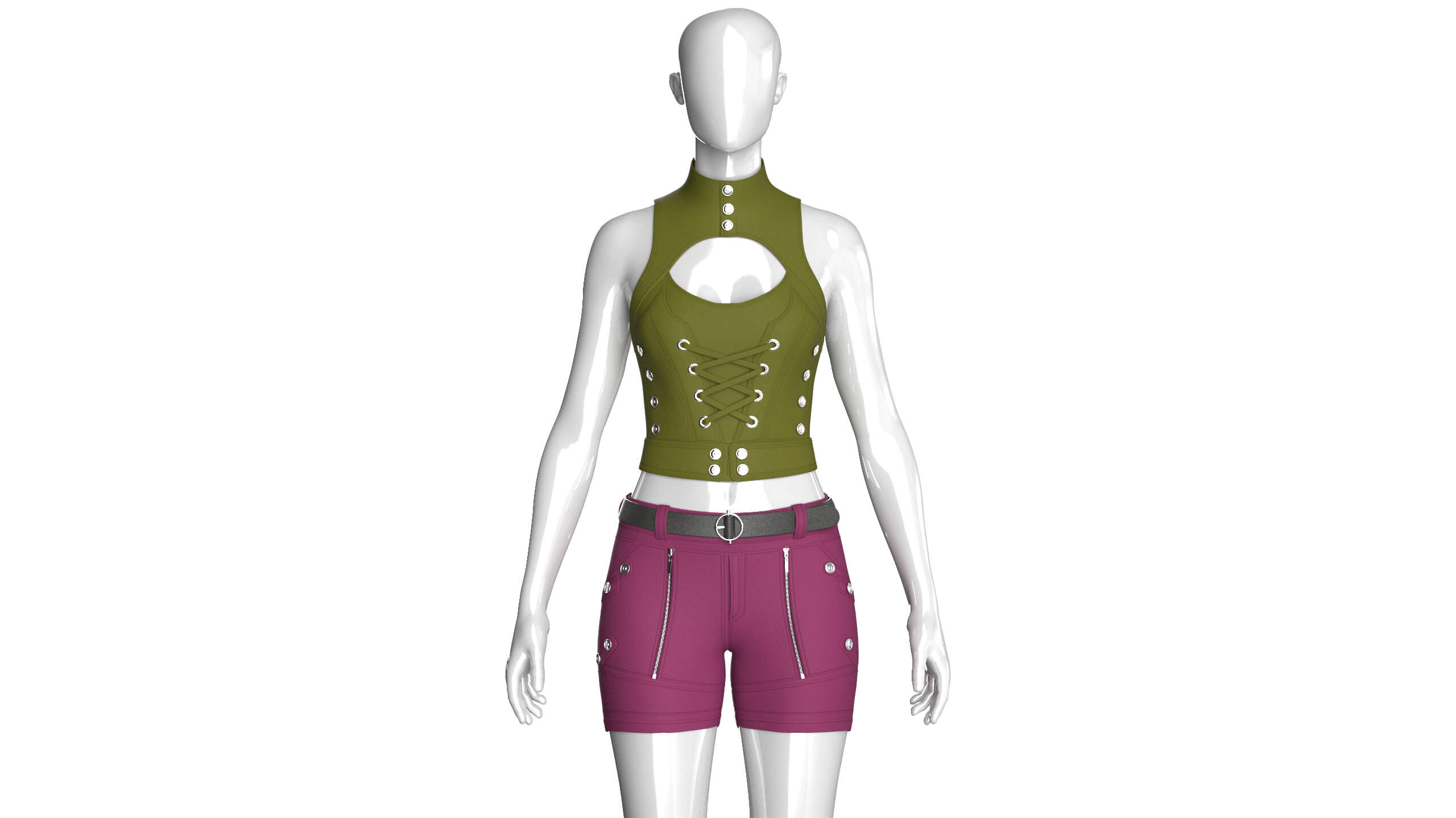Girls Keyhole Lace-Up Crop Top with Utility Shorts 3D Model