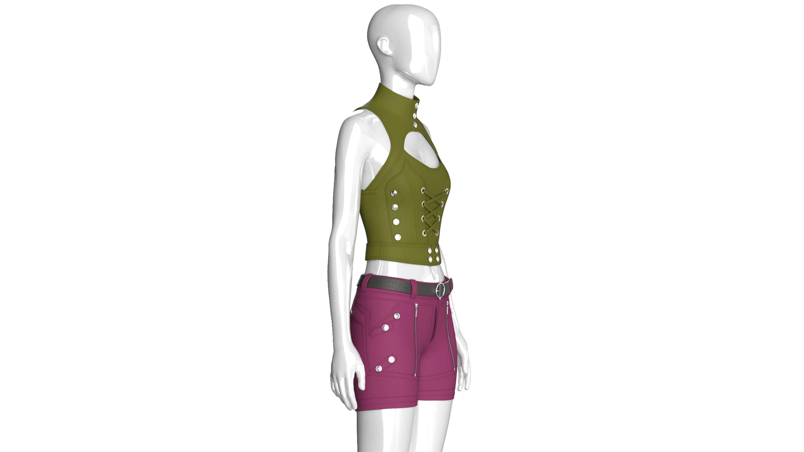 Girls Keyhole Lace-Up Crop Top with Utility Shorts 3D Model