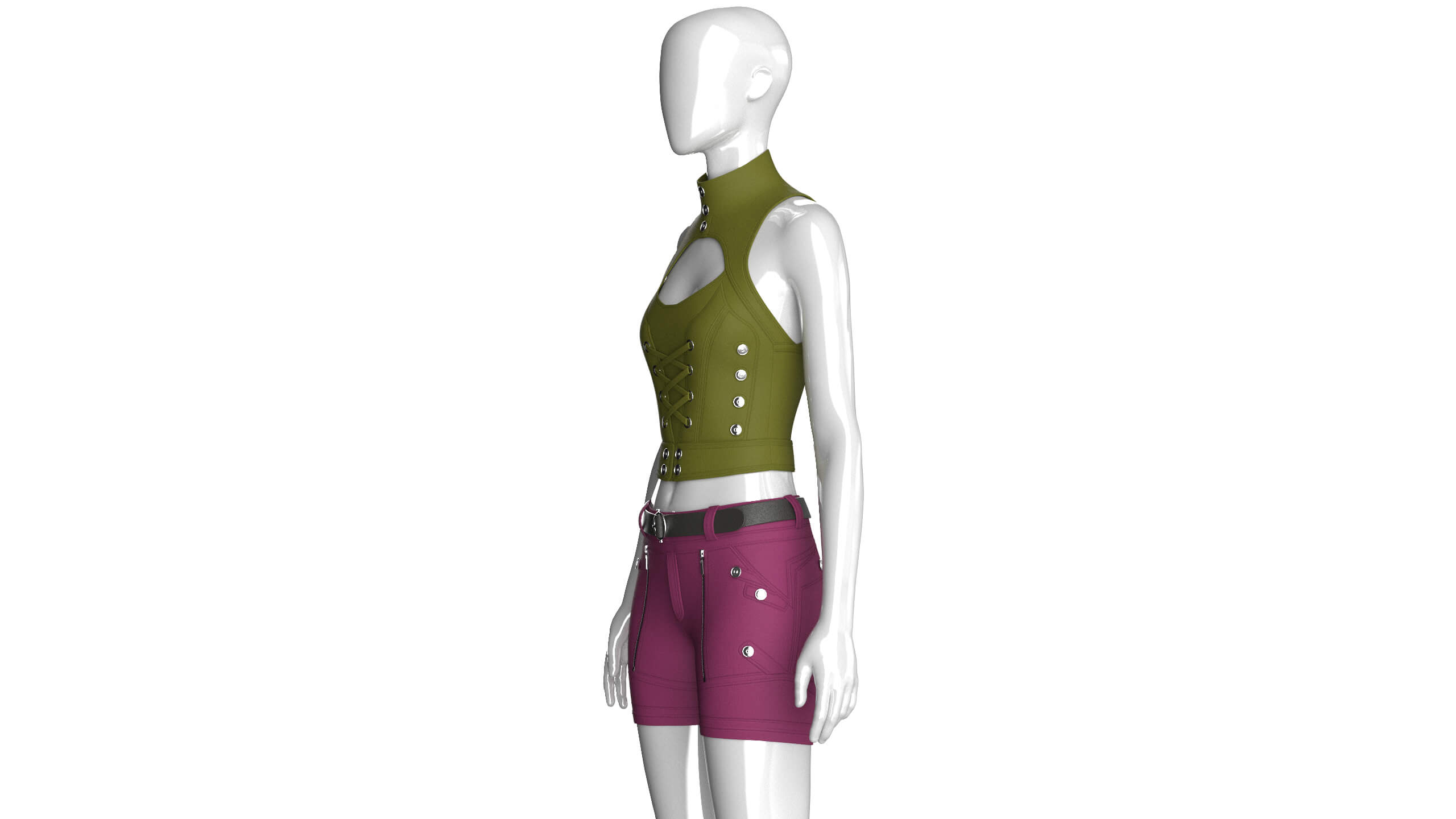 Girls Keyhole Lace-Up Crop Top with Utility Shorts 3D Model
