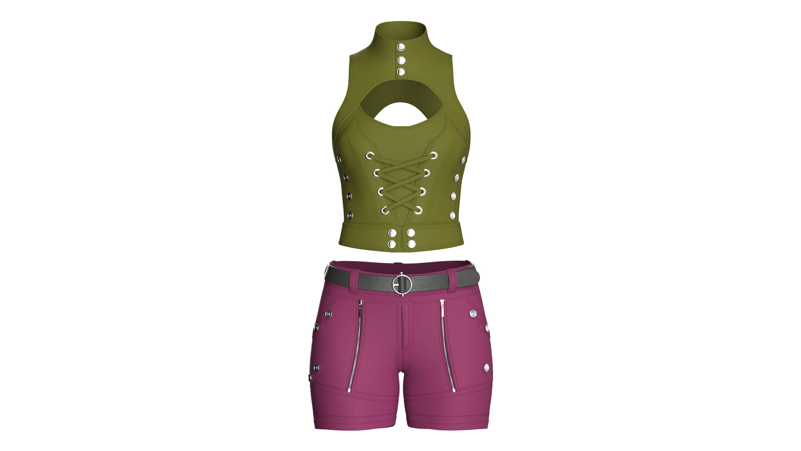 Girls Keyhole Lace-Up Crop Top with Utility Shorts 3D Model