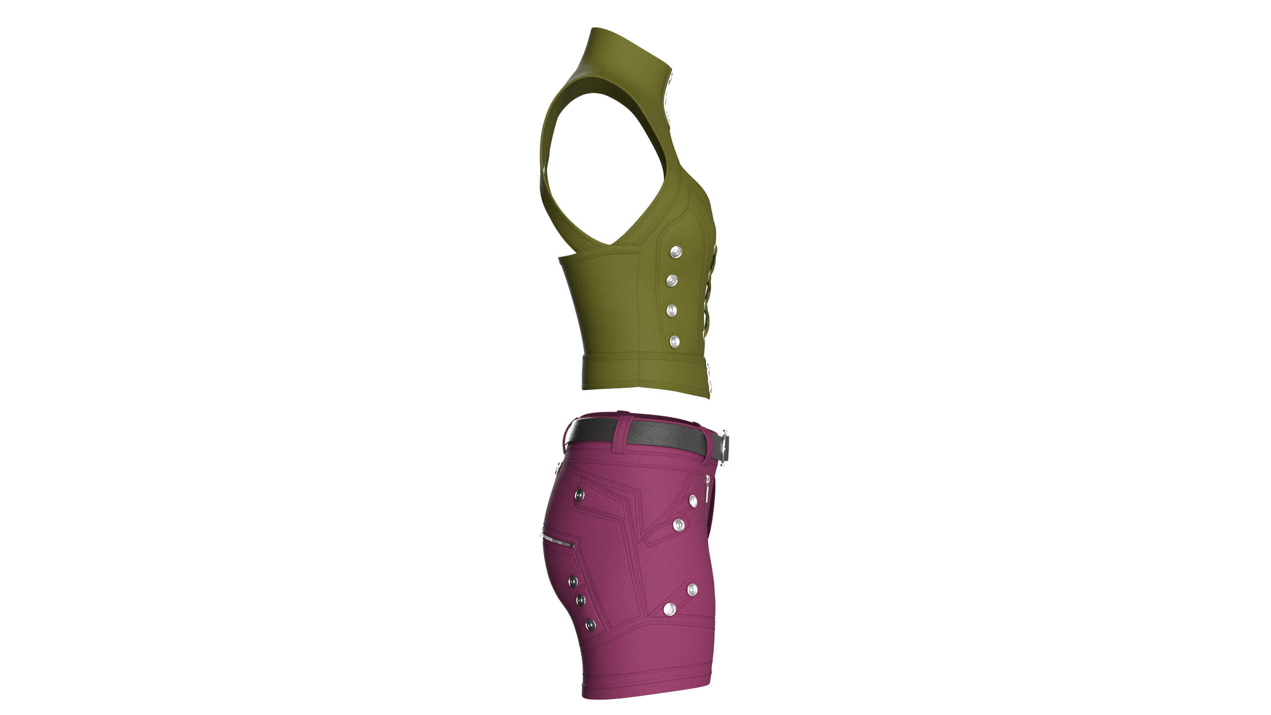 Girls Keyhole Lace-Up Crop Top with Utility Shorts 3D Model