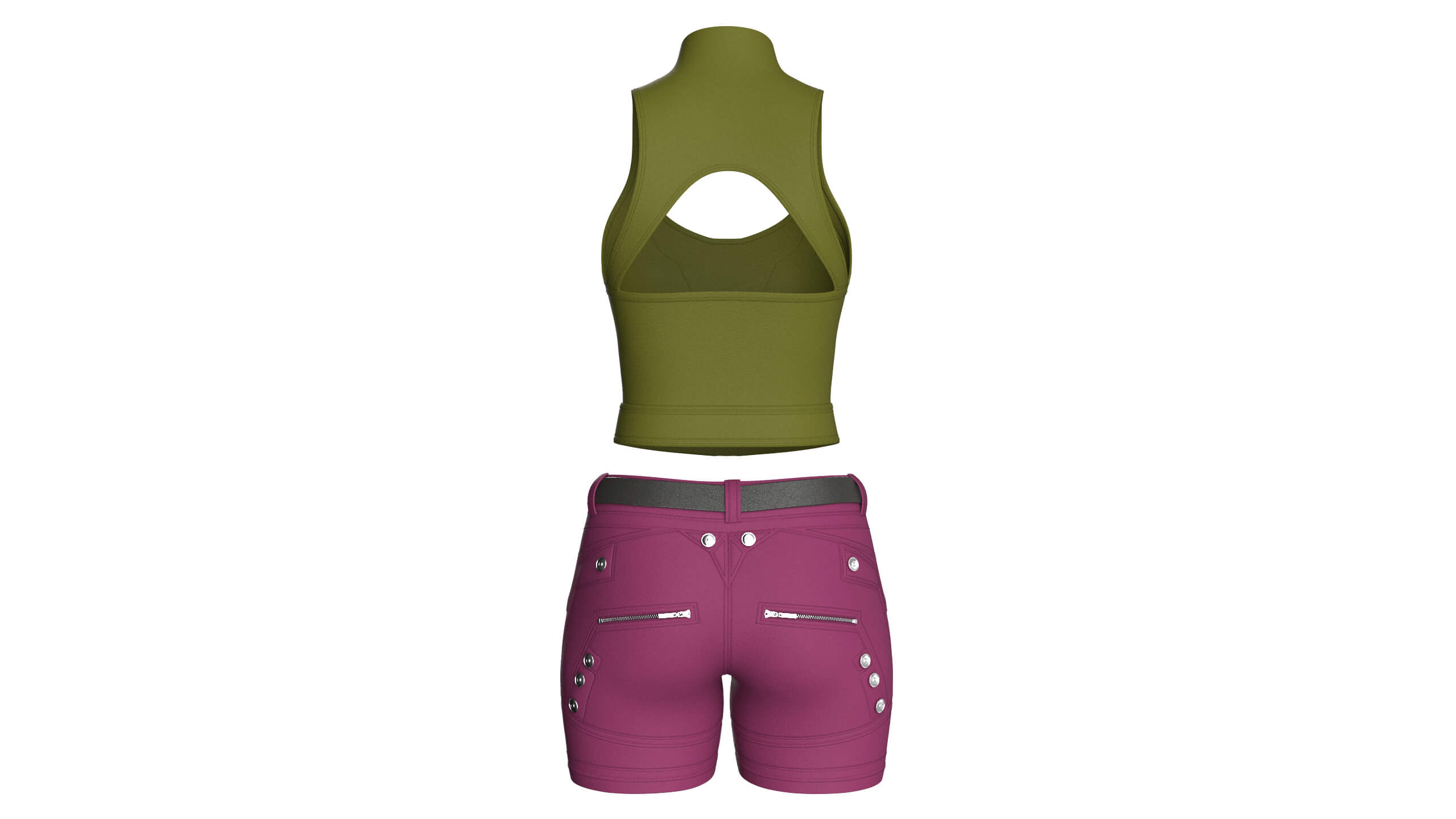 Girls Keyhole Lace-Up Crop Top with Utility Shorts 3D Model