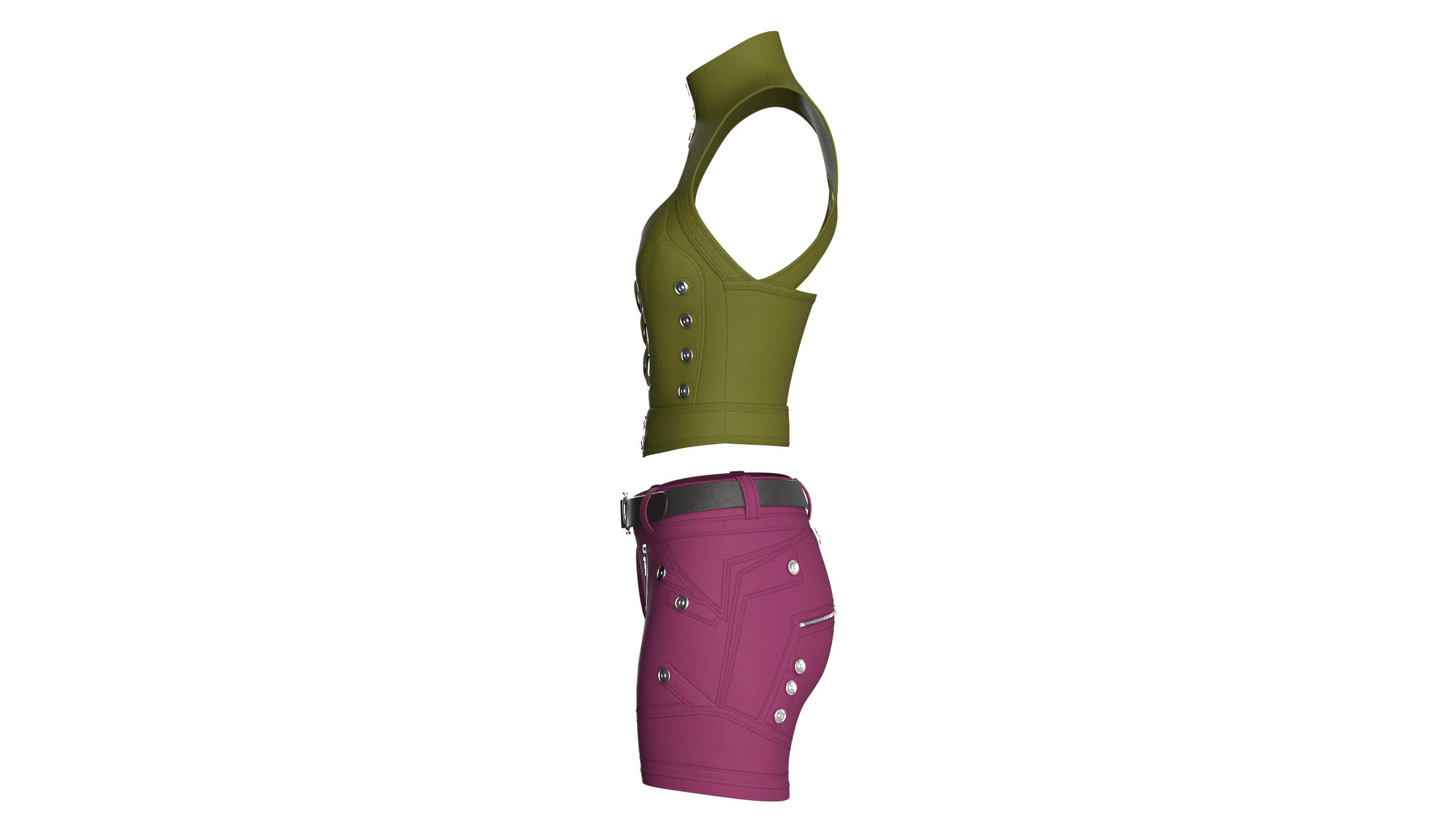 Girls Keyhole Lace-Up Crop Top with Utility Shorts 3D Model
