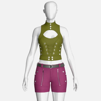 Girls Keyhole Lace-Up Crop Top with Utility Shorts 3D Model