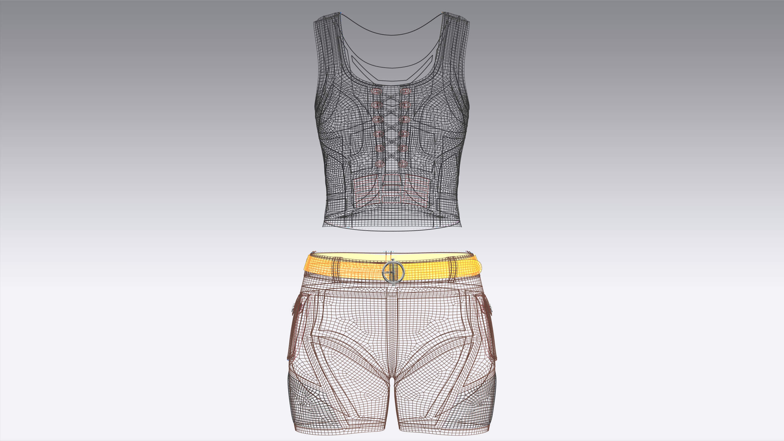 Girls Lace-Up Scoop Neck Crop Top with Shorts 3D Model