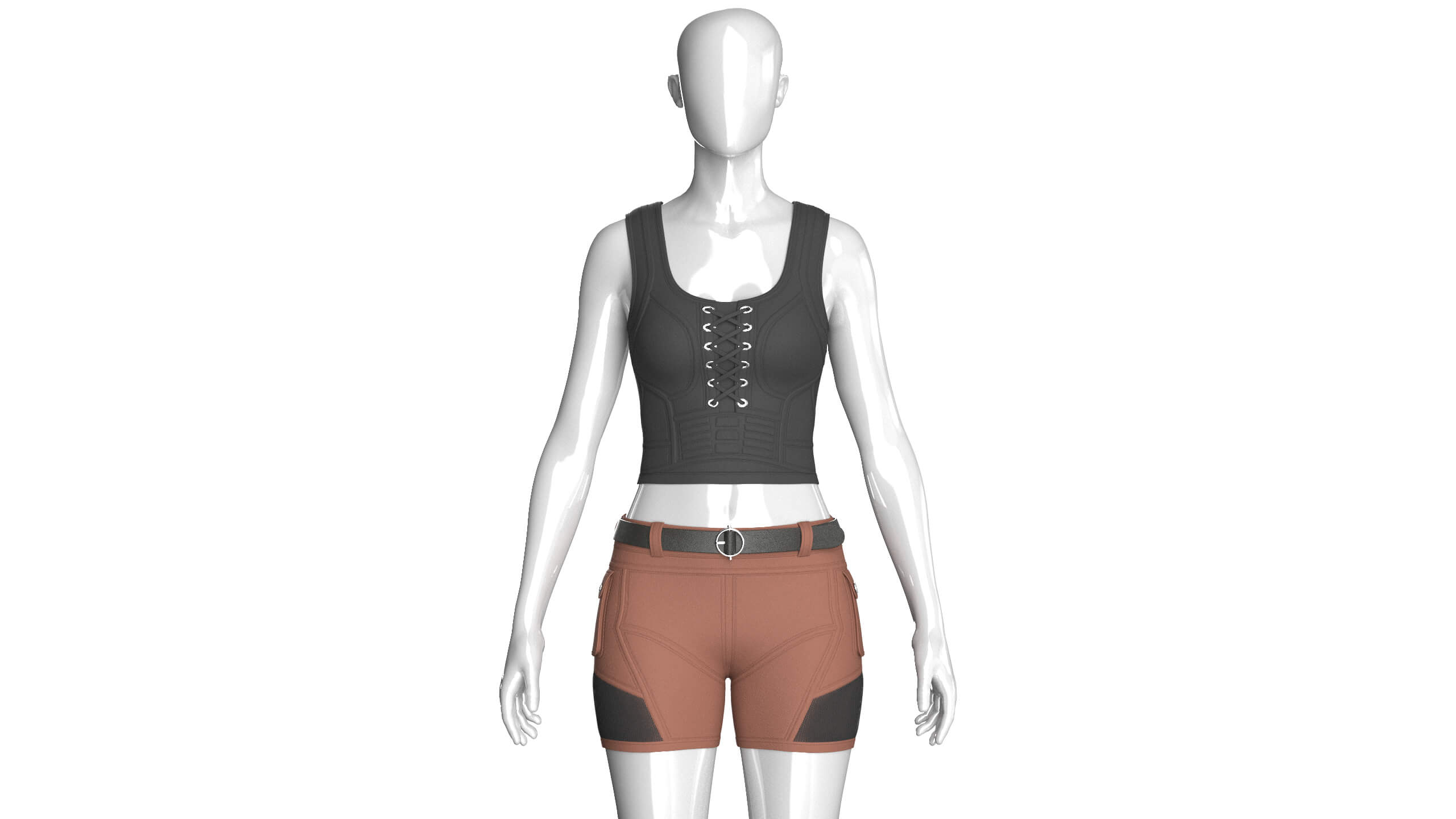 Girls Lace-Up Scoop Neck Crop Top with Shorts 3D Model