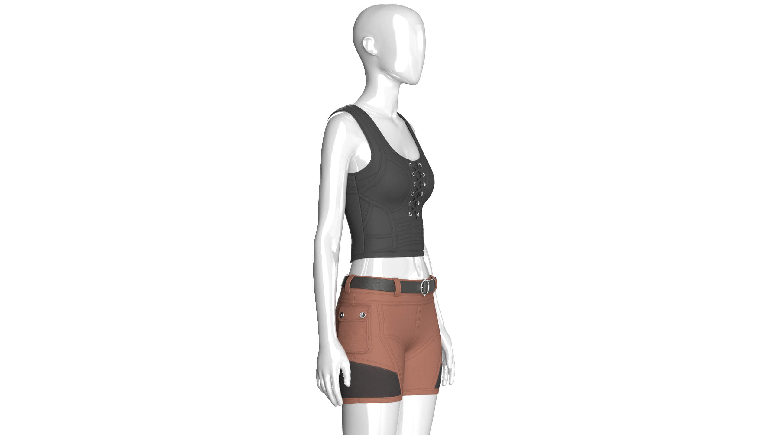 Girls Lace-Up Scoop Neck Crop Top with Shorts 3D Model