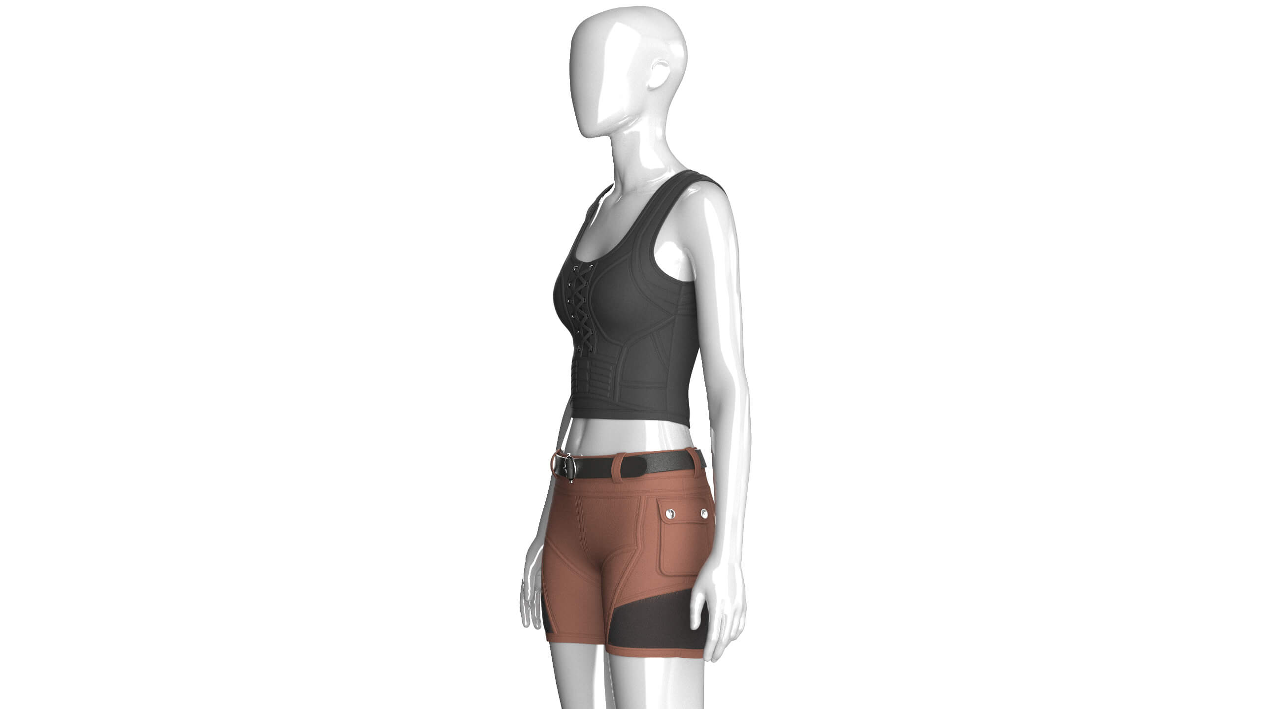 Girls Lace-Up Scoop Neck Crop Top with Shorts 3D Model