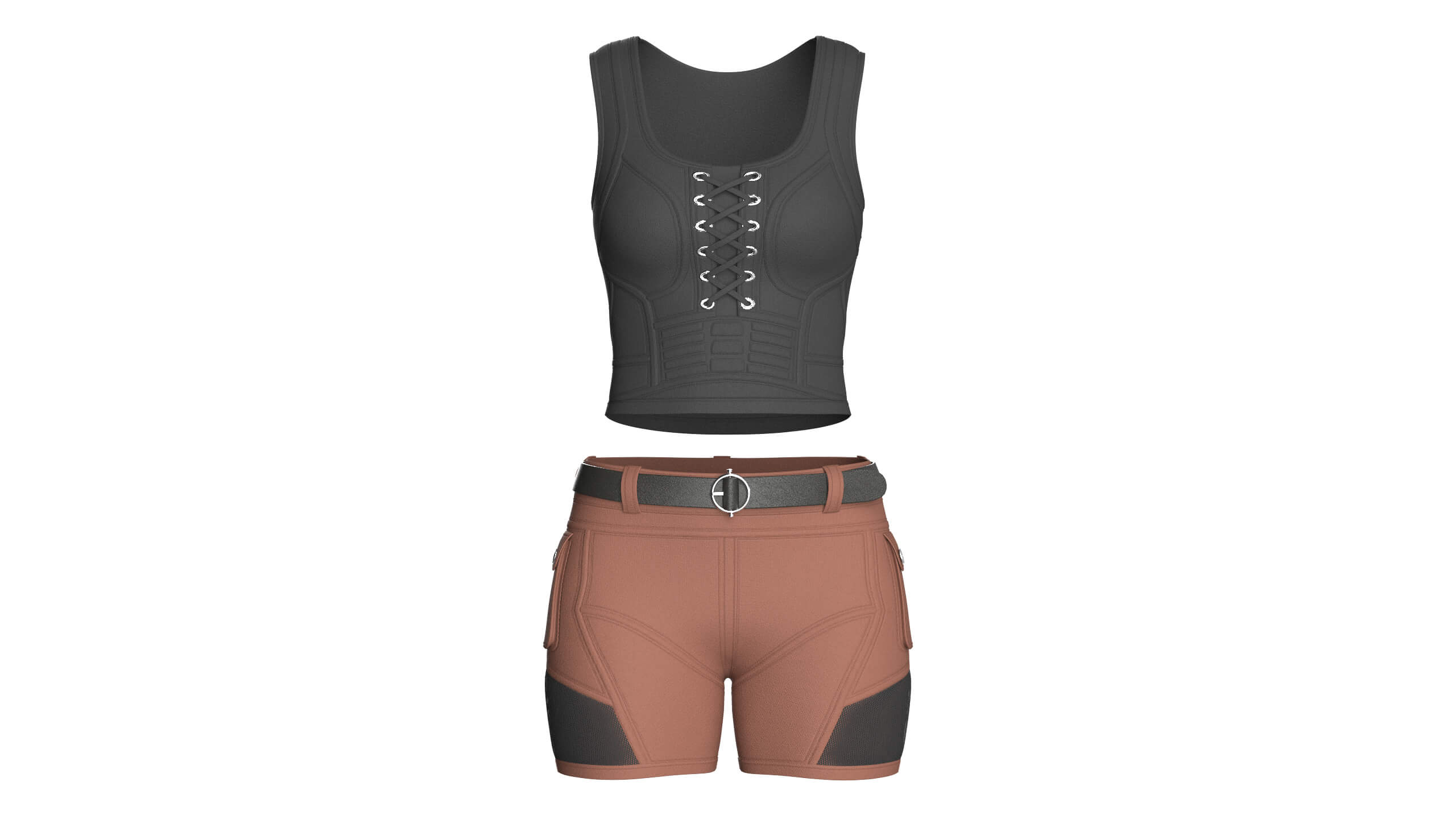 Girls Lace-Up Scoop Neck Crop Top with Shorts 3D Model