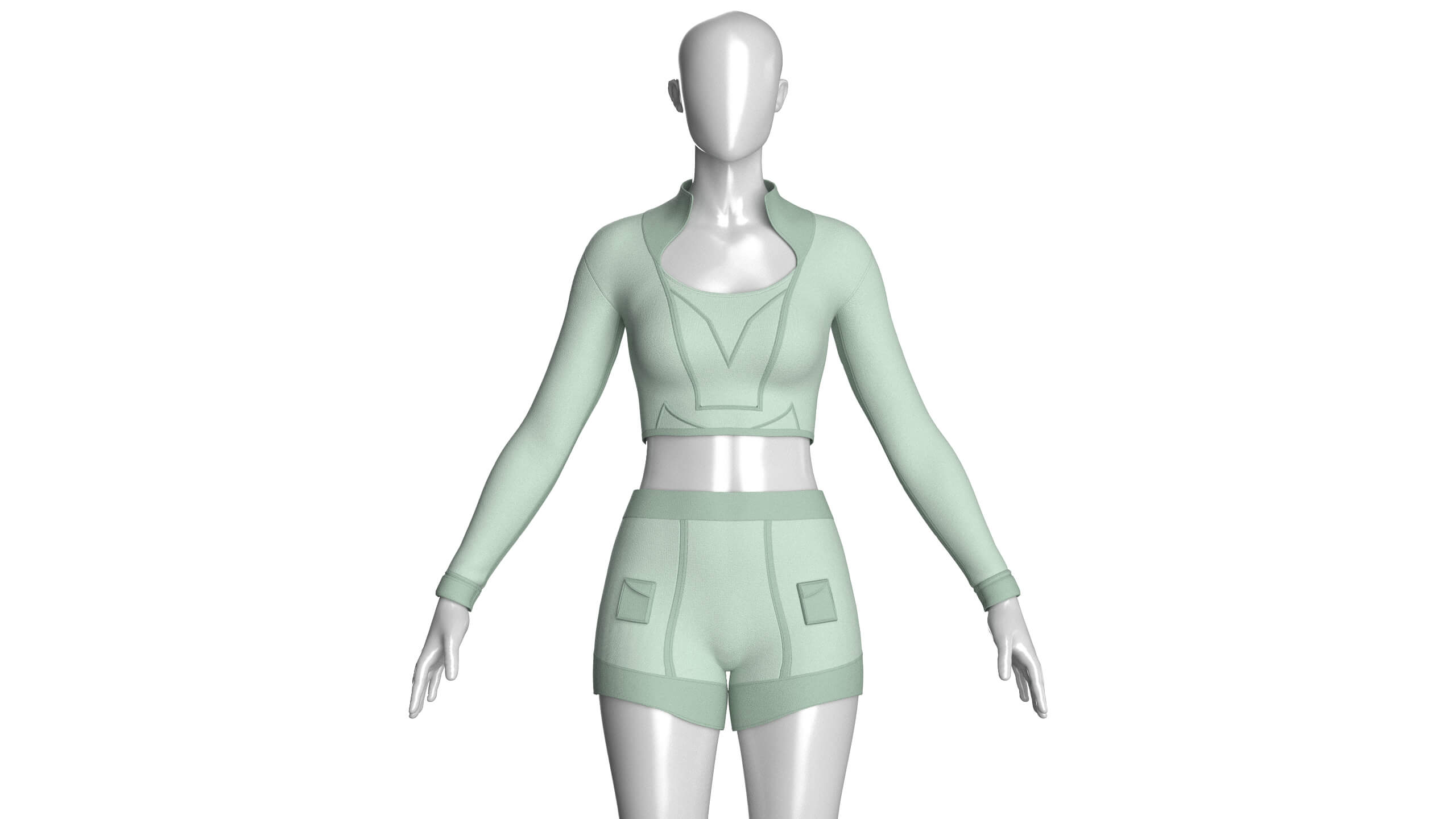 Girls Long Sleeve Crop Top and Shorts Outfit 3D Model