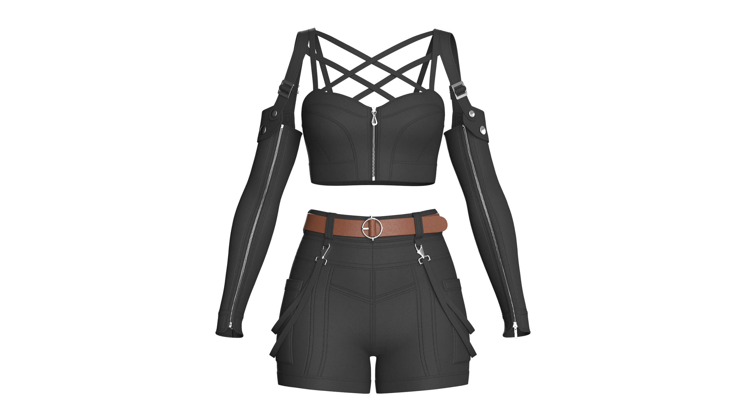Girls Multi-Strap Crop Top with Shorts 3D Model