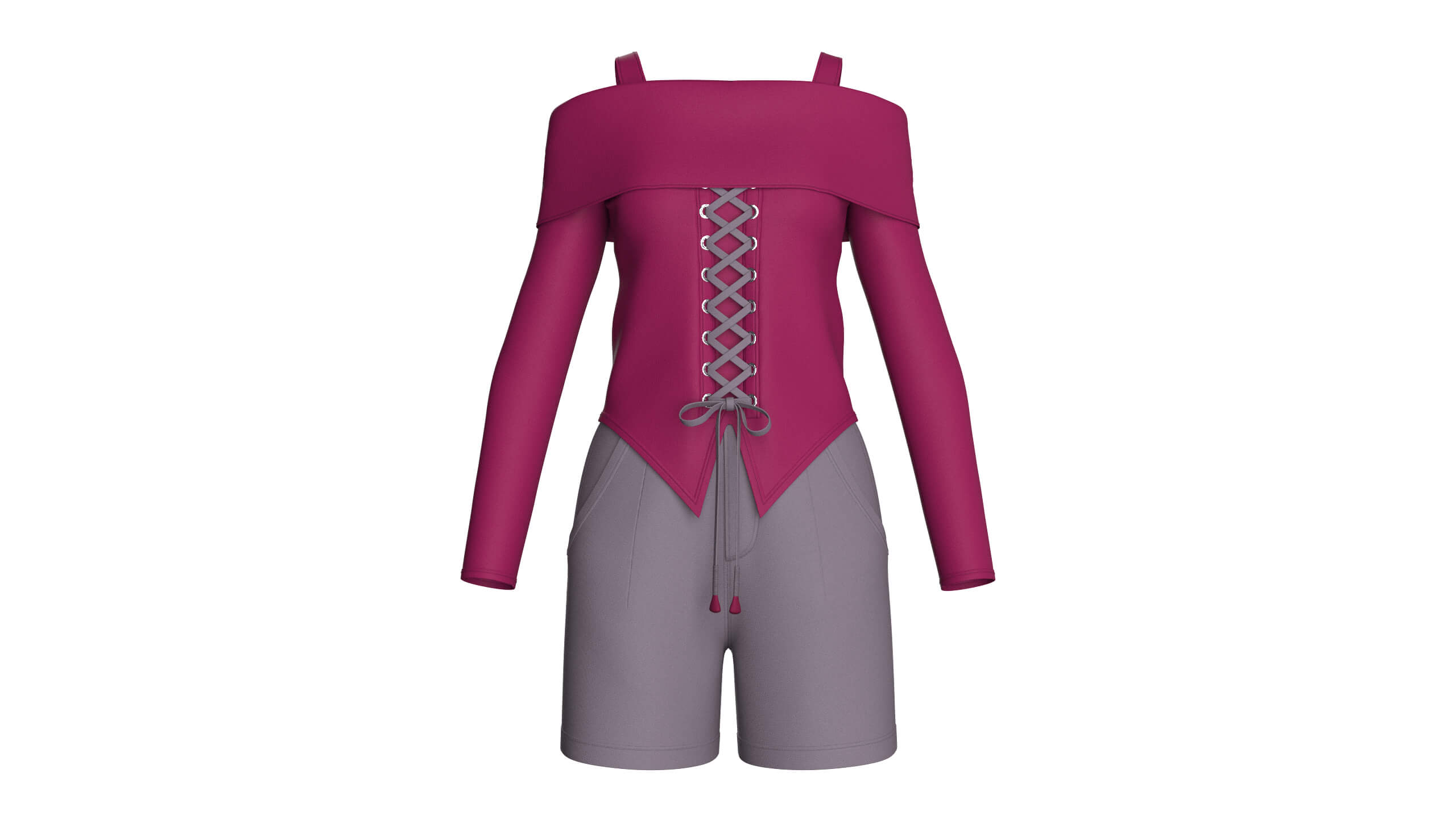 Girls Off Shoulder Lace-Up Top with Shorts 3D Model
