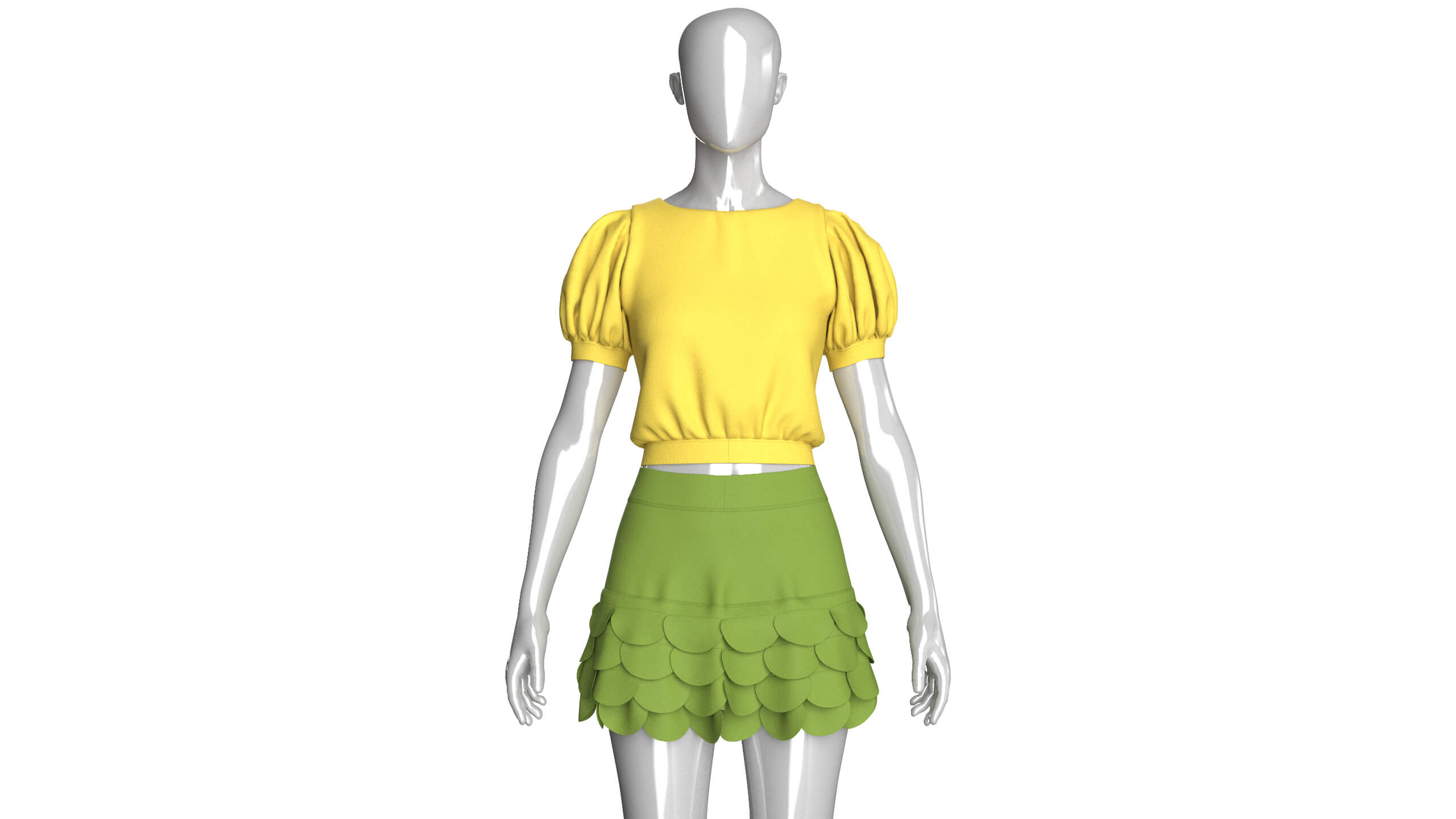 Girls Puff Sleeve Crop Top with Mini Skirt 3D Model