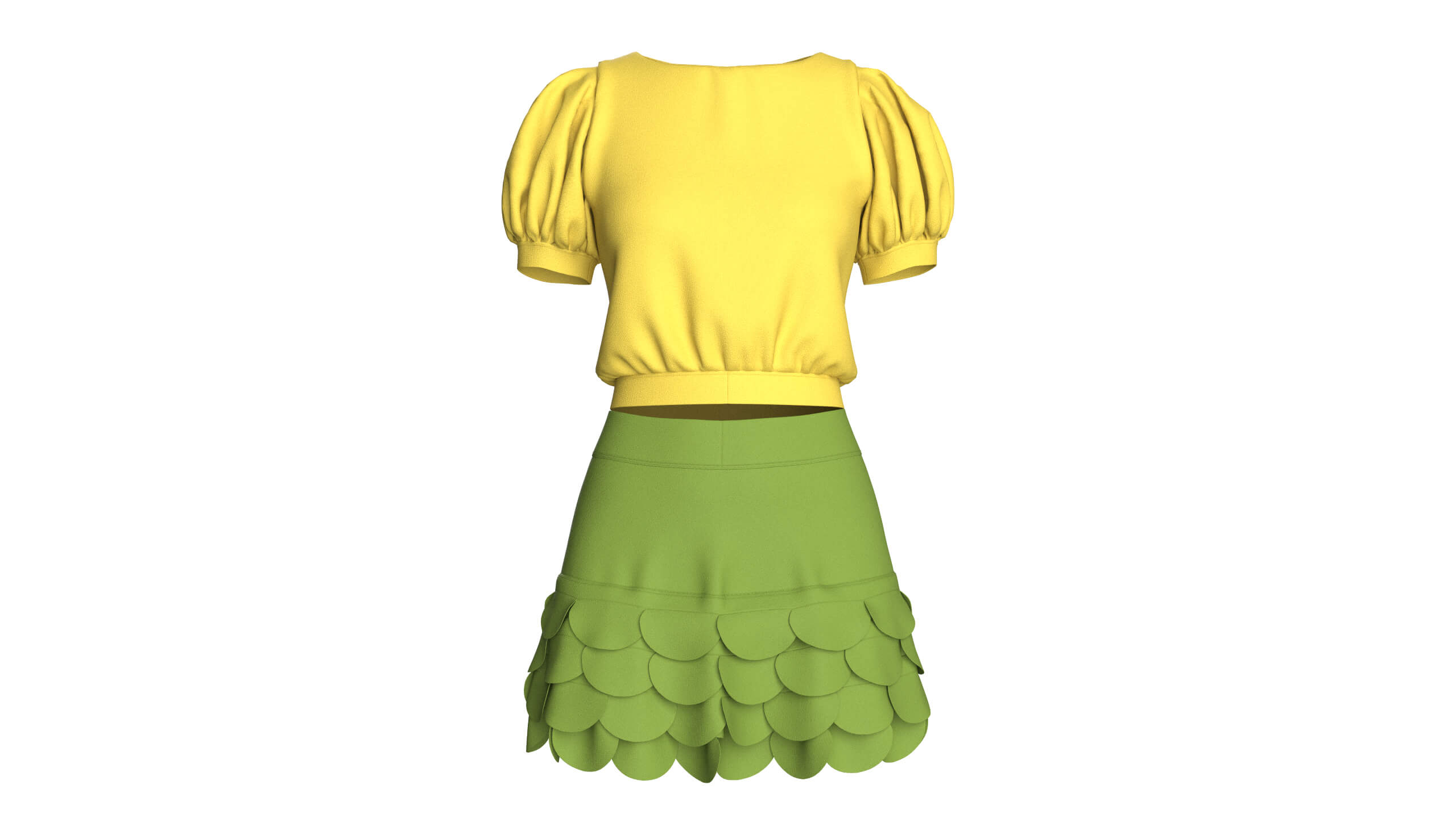 Girls Puff Sleeve Crop Top with Mini Skirt 3D Model