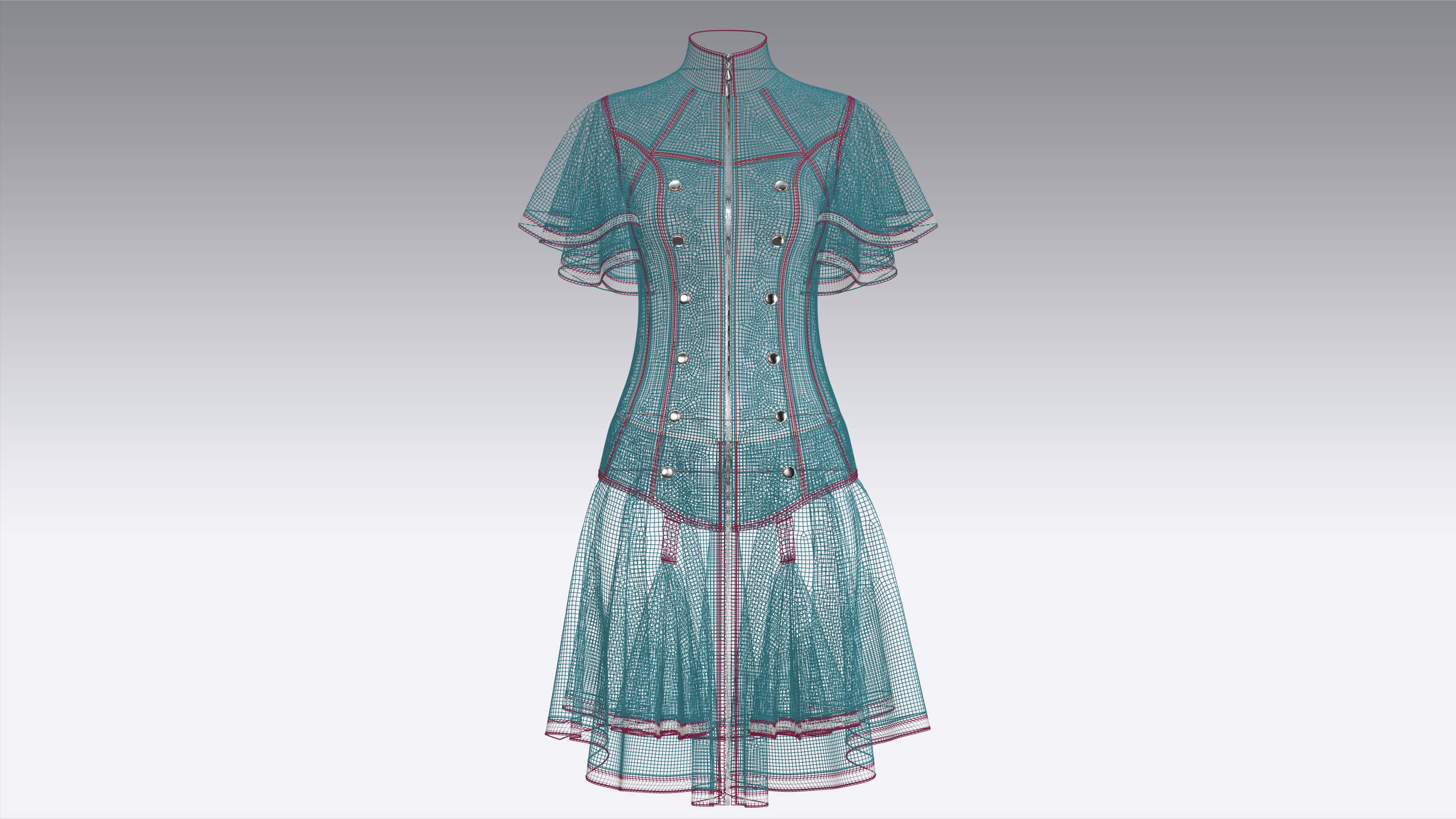 Girls Ruffle Sleeve Full-Zip Dress with Piping 3D Model