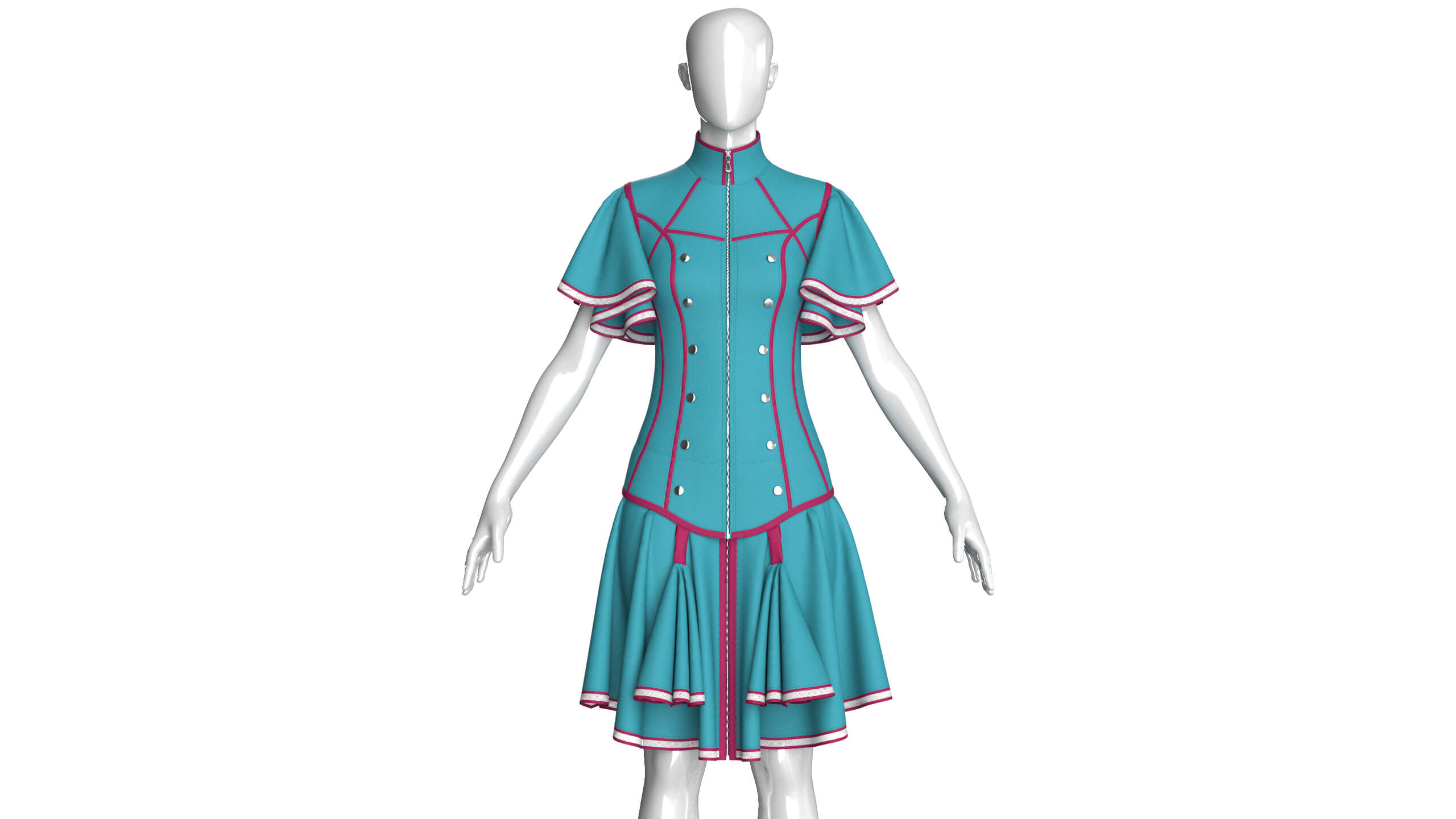 Girls Ruffle Sleeve Full-Zip Dress with Piping 3D Model