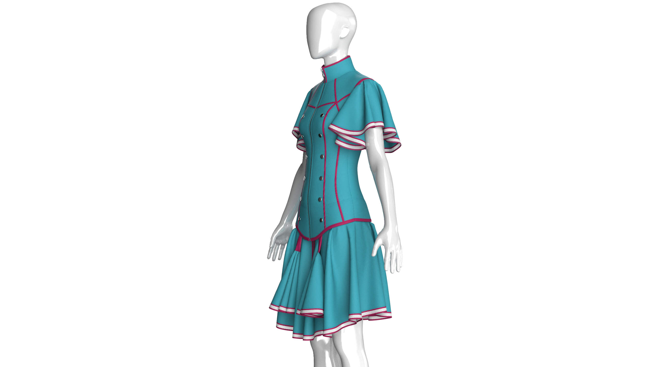 Girls Ruffle Sleeve Full-Zip Dress with Piping 3D Model