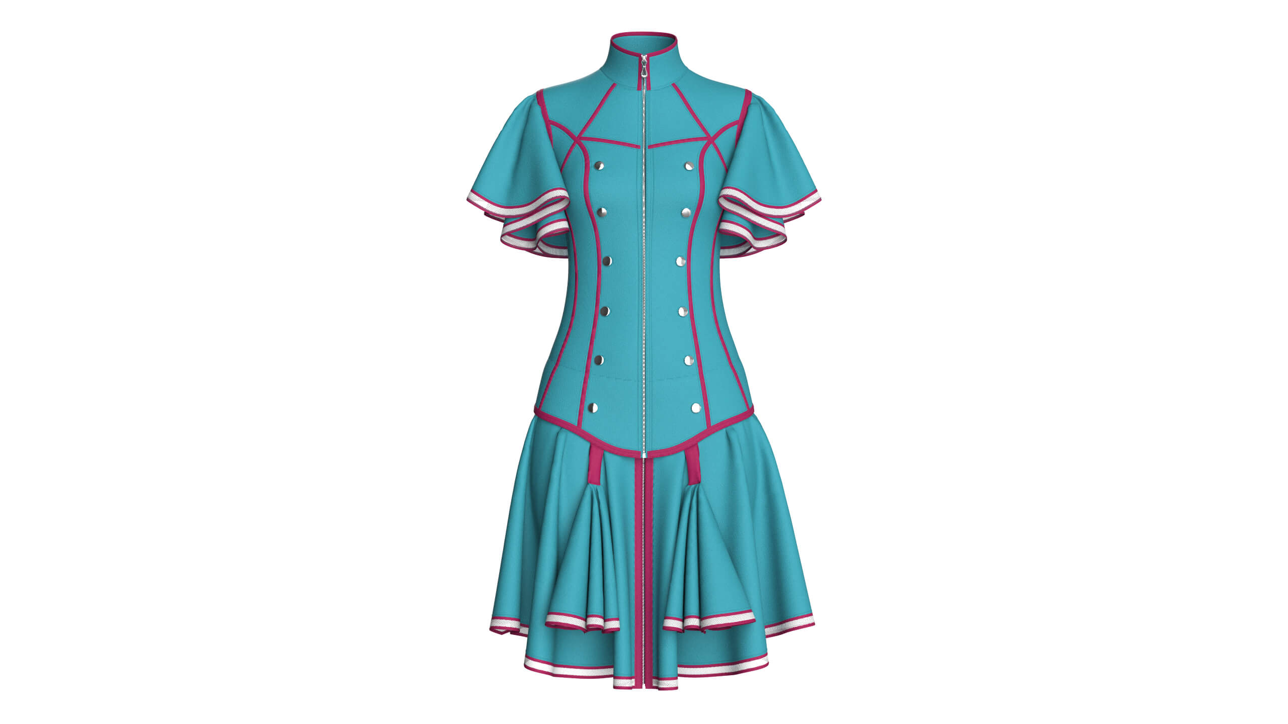 Girls Ruffle Sleeve Full-Zip Dress with Piping 3D Model