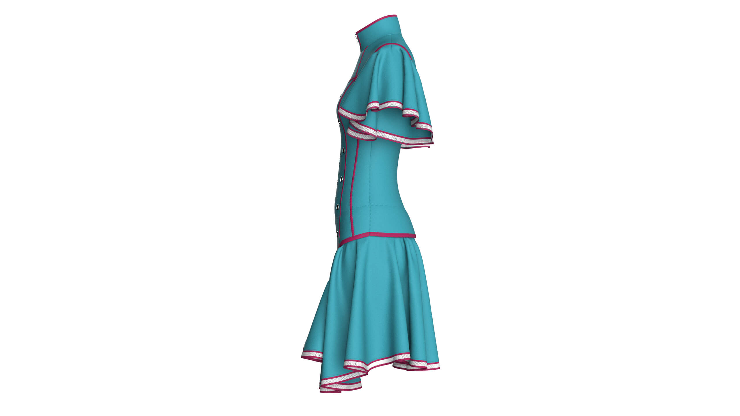 Girls Ruffle Sleeve Full-Zip Dress with Piping 3D Model